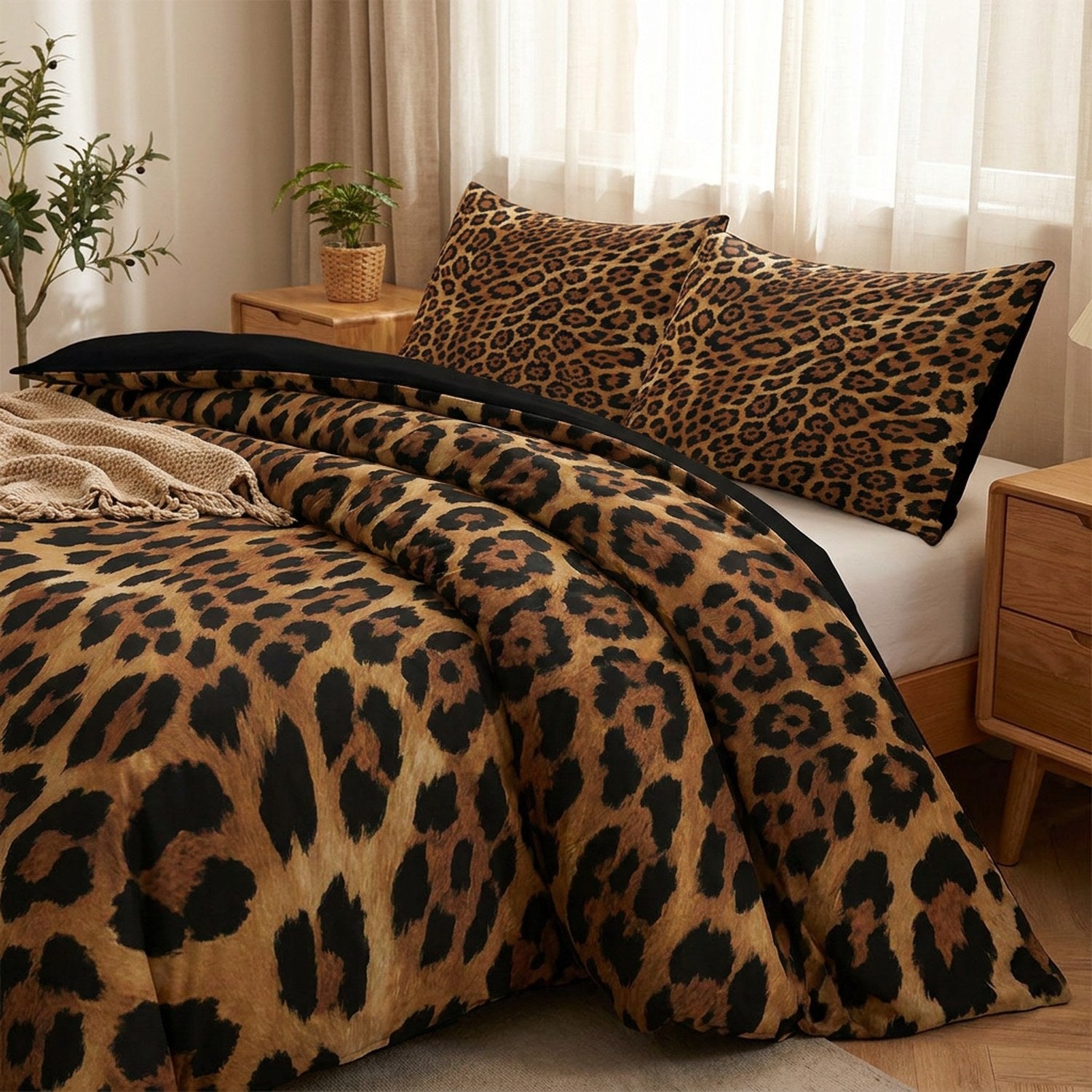 Parure de lit motif léopard marron avec housse de couette et taies assorties sur un lit fait