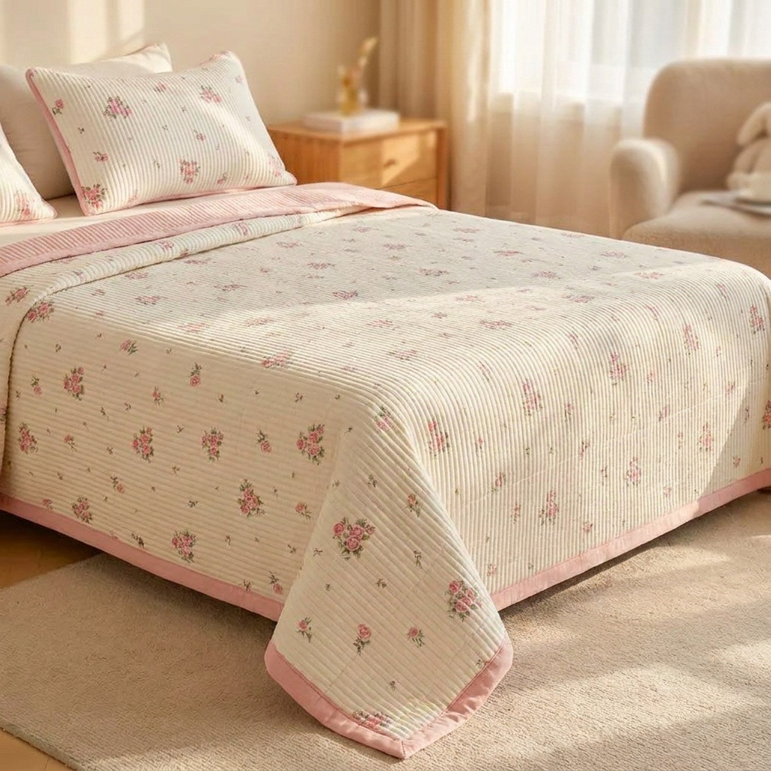 Couvre-lit matelassé motifs floraux roses posé sur un lit fait dans une chambre lumineuse