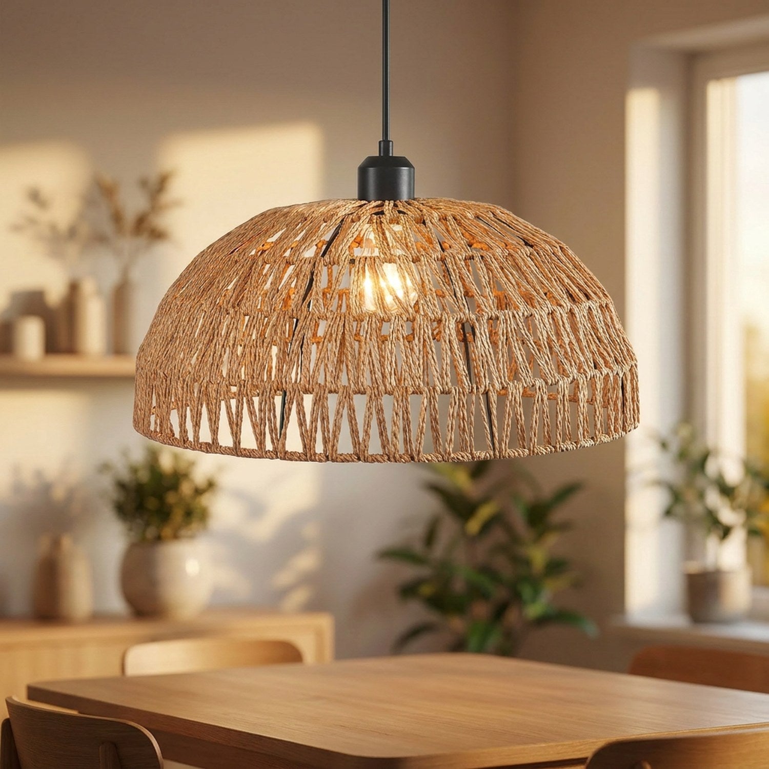 Suspension en corde de chanvre tressée allumée au-dessus d'une table à manger dans un intérieur chaleureux