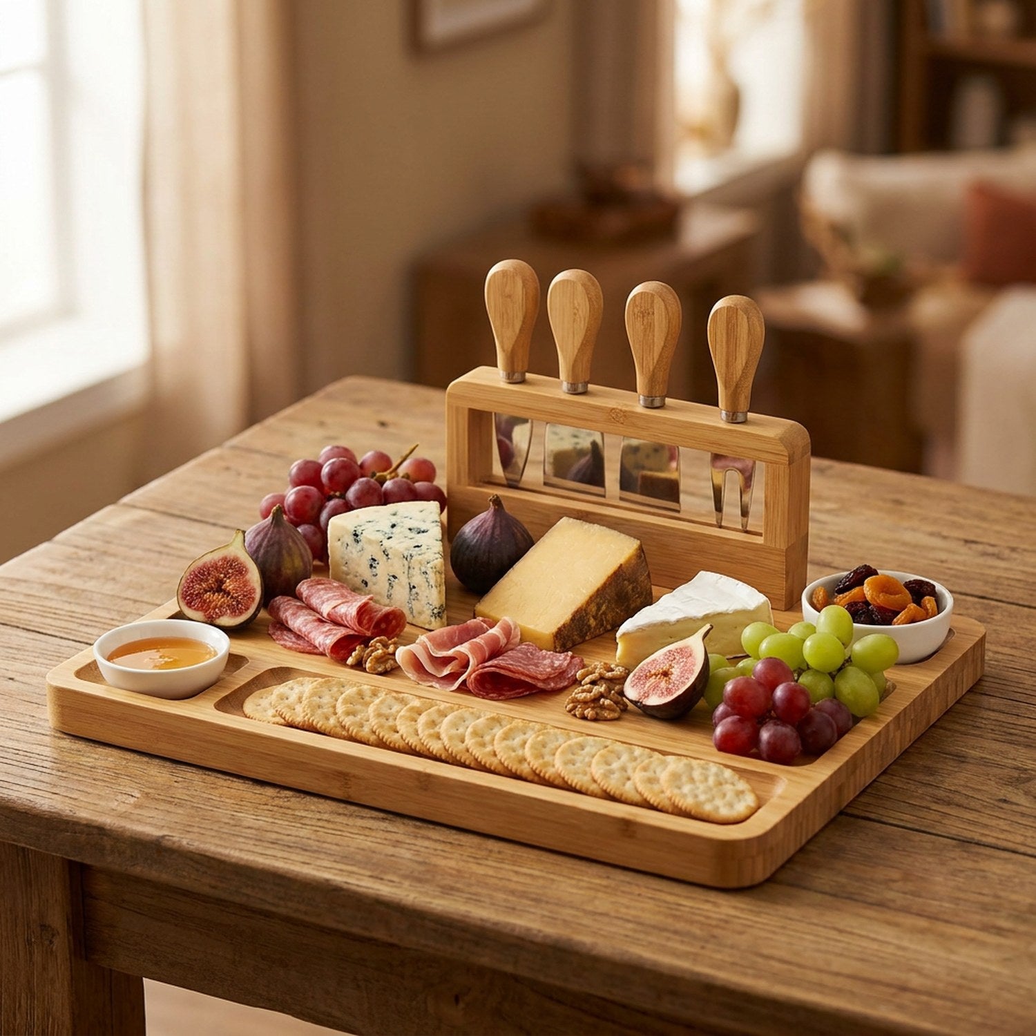 Plateau à fromage en bambou avec quatre couteaux sur leur support garni de fromages figues et raisin