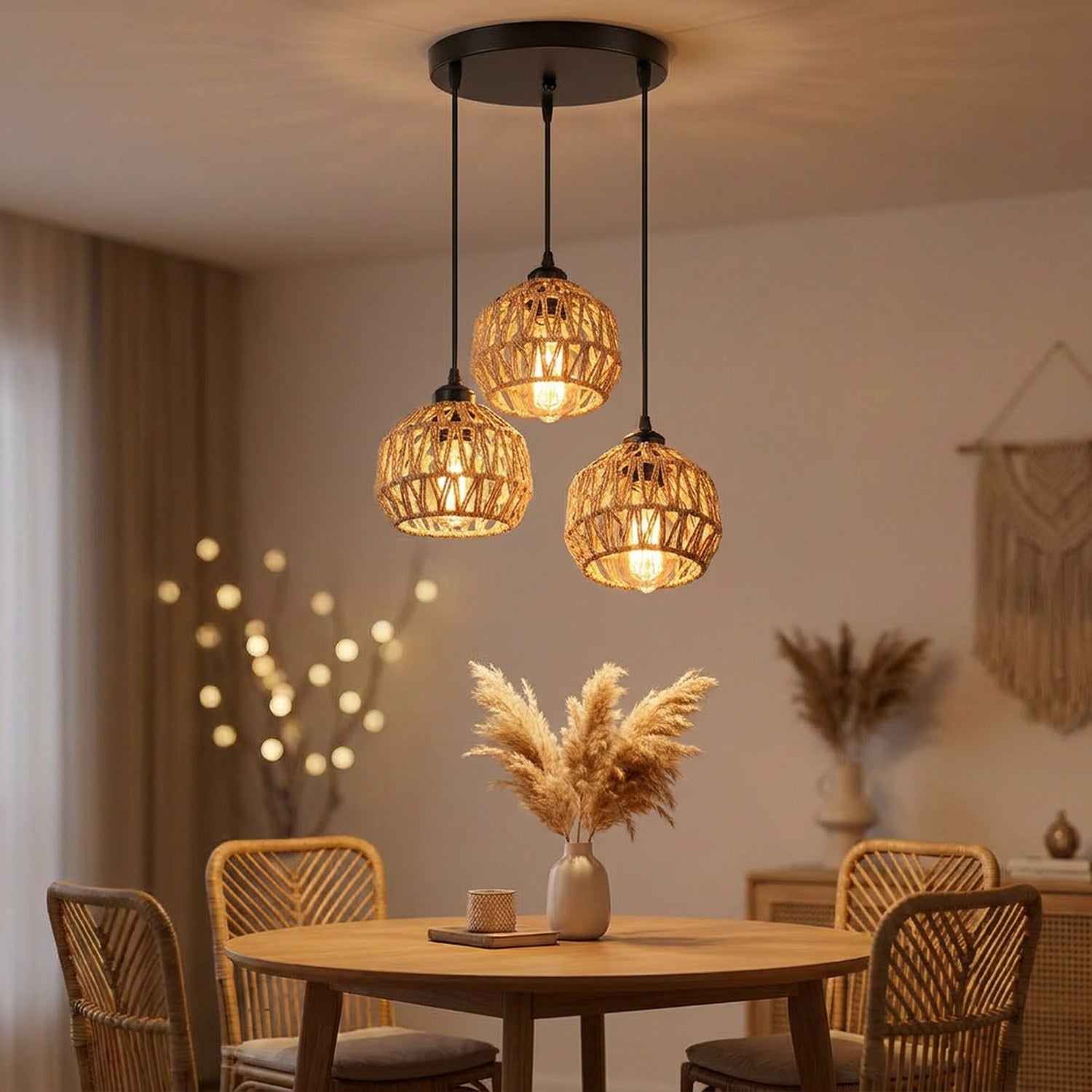 Lustre trois lampes en corde de chanvre tressée beige allumé au-dessus d'une table ronde bohème