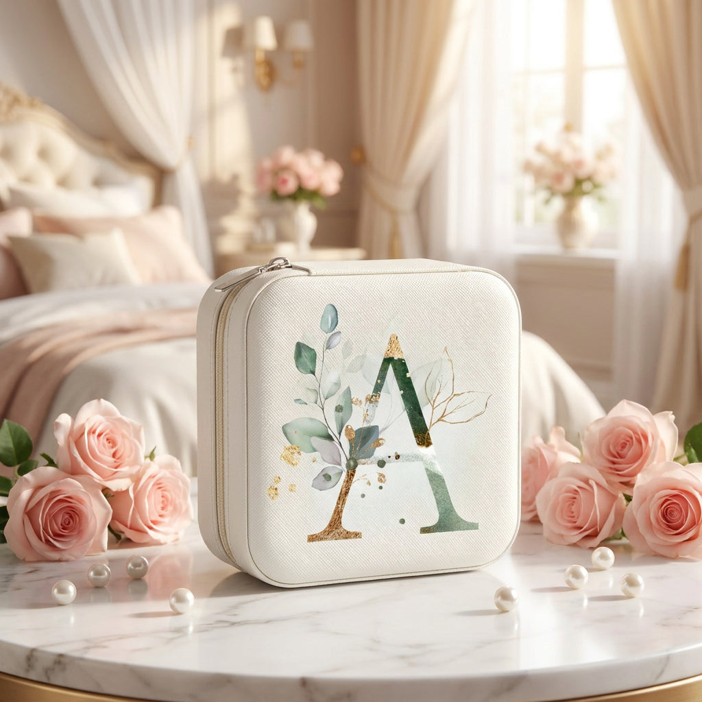Boîte à bijoux de voyage initiale florale en cuir PU avec fermeture éclair