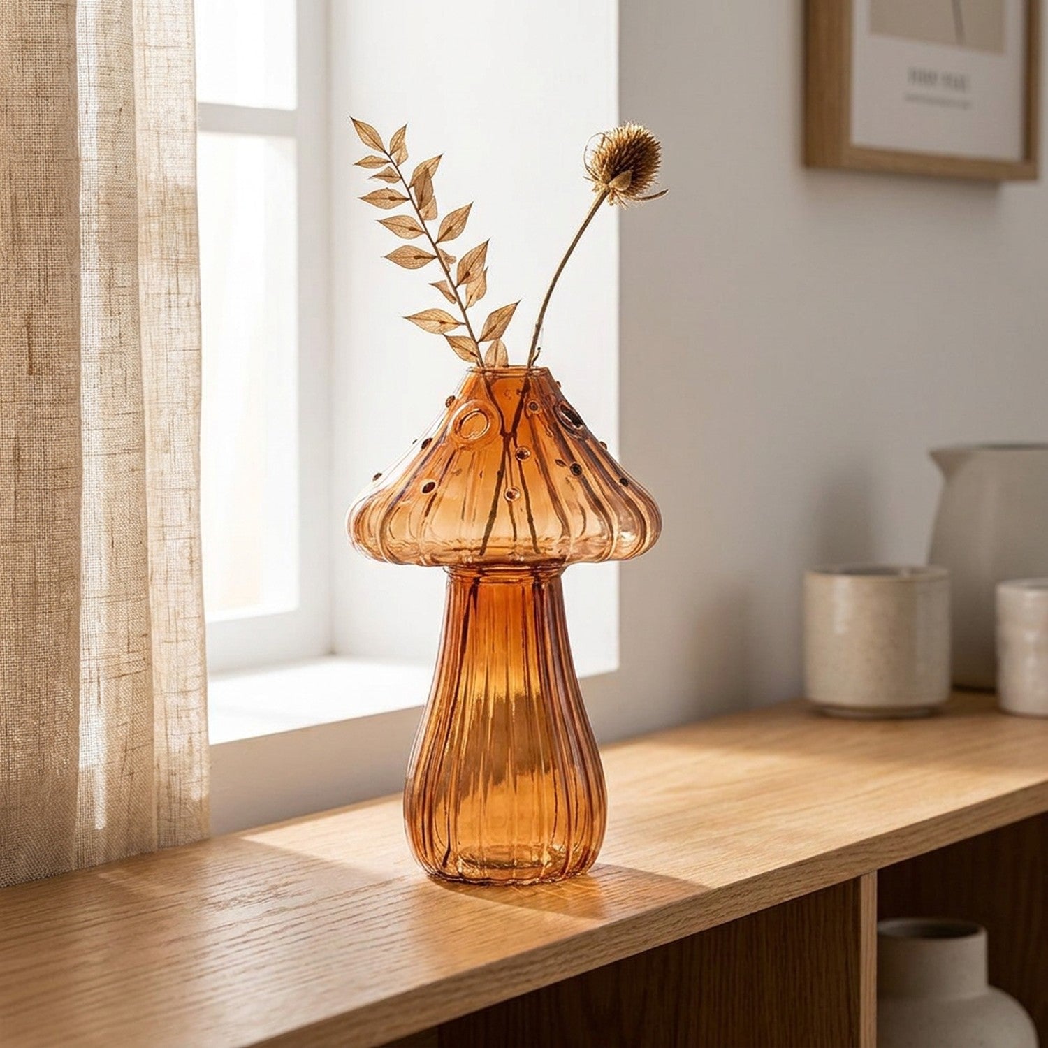 Vase champignon en verre coloré ambre décoration nordique