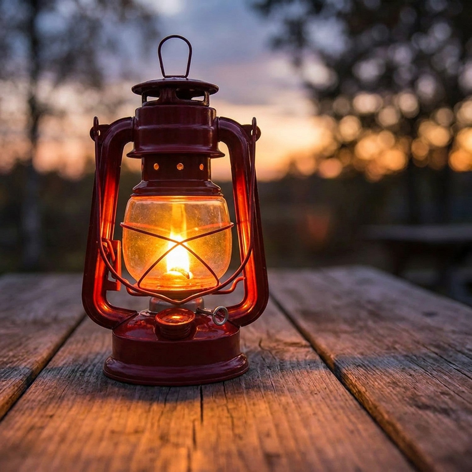 Lanterne décorative rétro en métal kérosène allumée sur table en bois