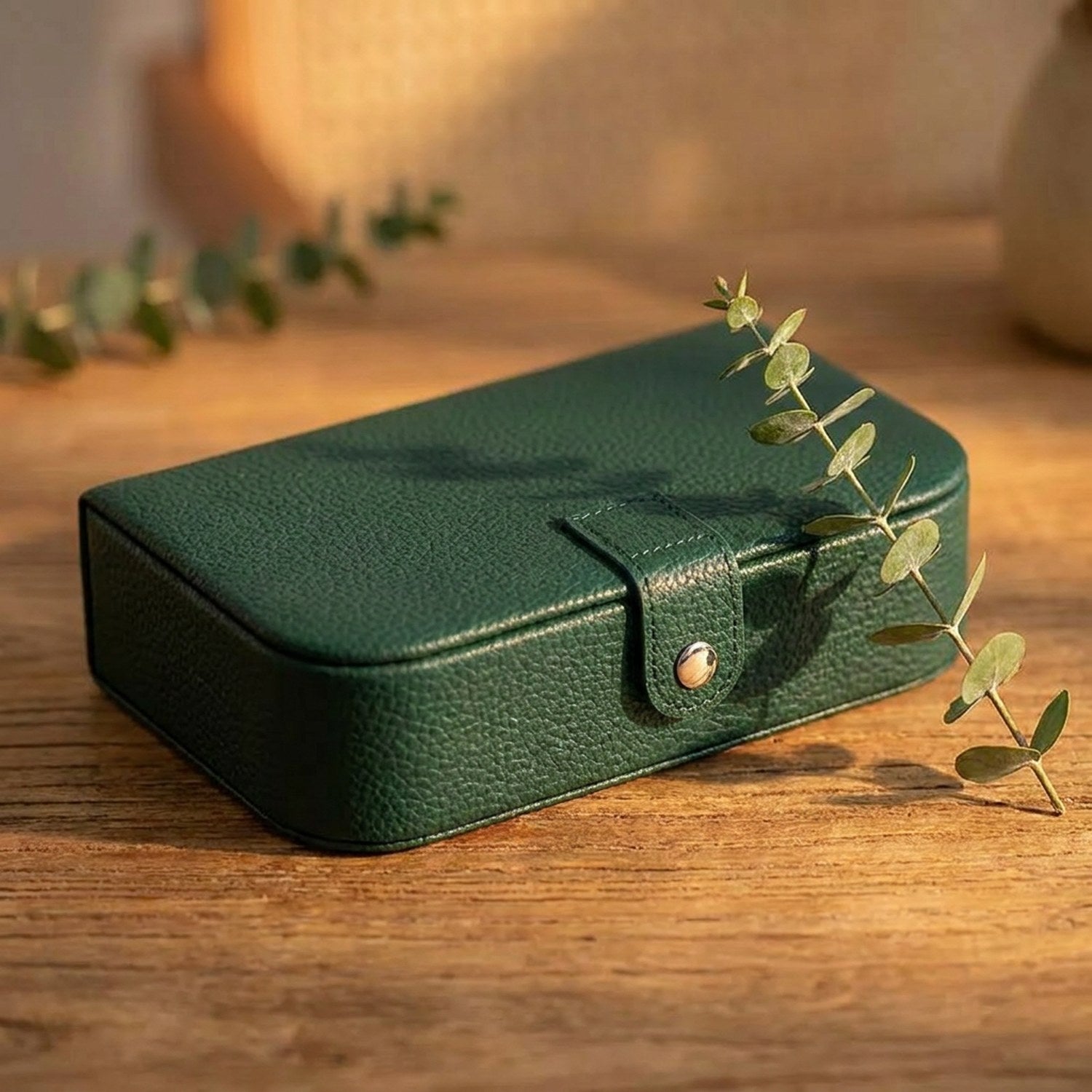 Boîte à bijoux voyage vert foncé en simili cuir grainé sur surface en bois