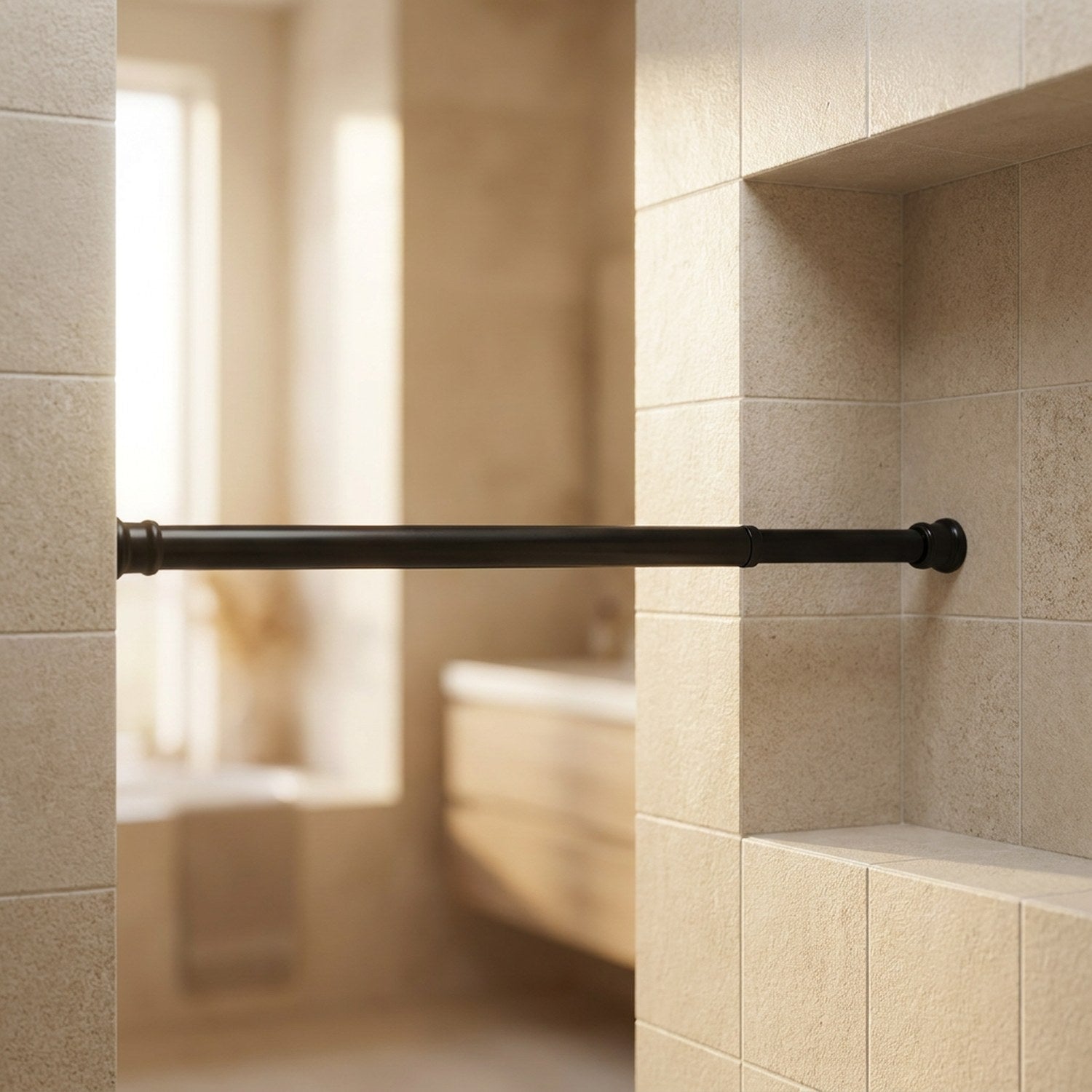Tringle télescopique noire installée entre deux murs dans une salle de bain moderne