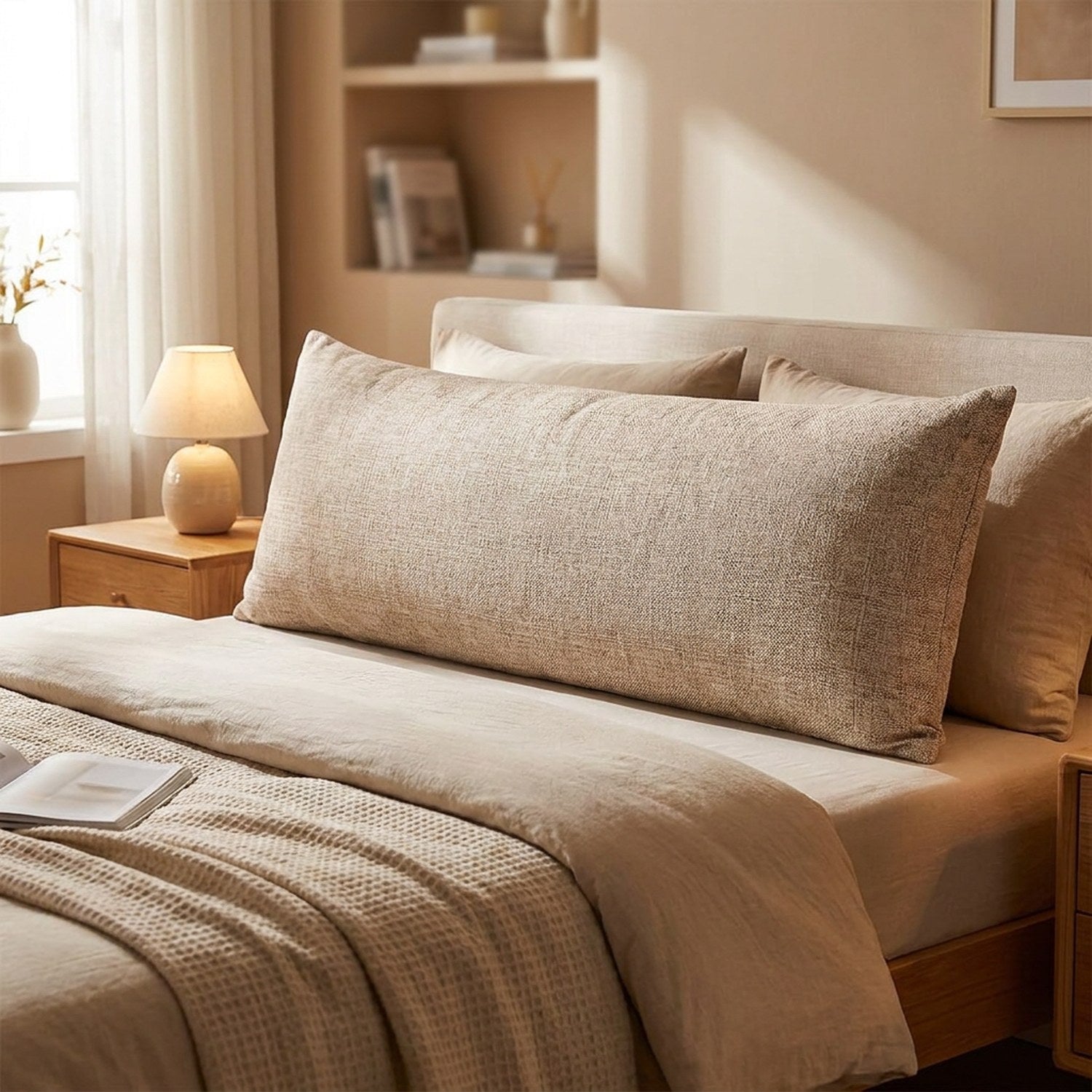 Housse de coussin longue en lin beige texturé posée sur un lit dans une chambre chaleureuse