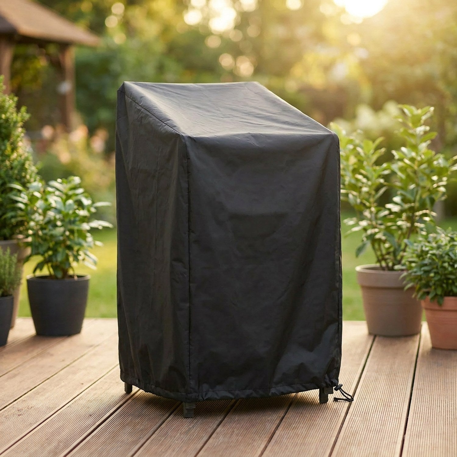 Housse de protection noire imperméable recouvrant des chaises de jardin empilées sur une terrasse en bois