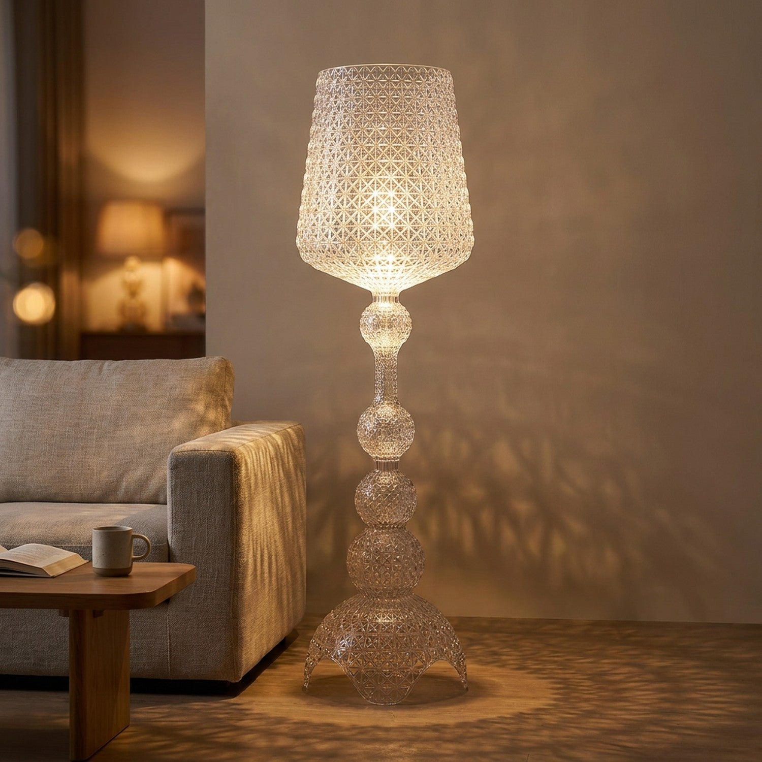 Lampadaire design acrylique transparent ajouré façon dentelle allumé dans un salon chaleureux