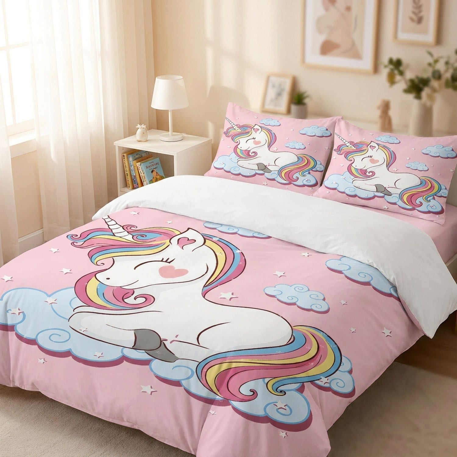 Parure de lit licorne arc-en-ciel rose installée sur un lit fait dans une chambre de fille lumineuse
