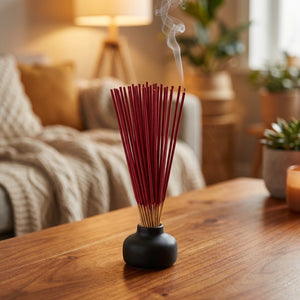 Bâtons d'encens rouge fraise fumée légère dans un porte-encens noir sur surface bois ambiance cozy