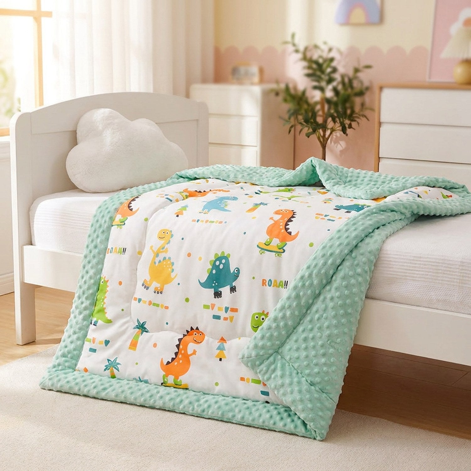 Couette bébé motif dinosaures colorée posée sur un lit d'enfant douillet