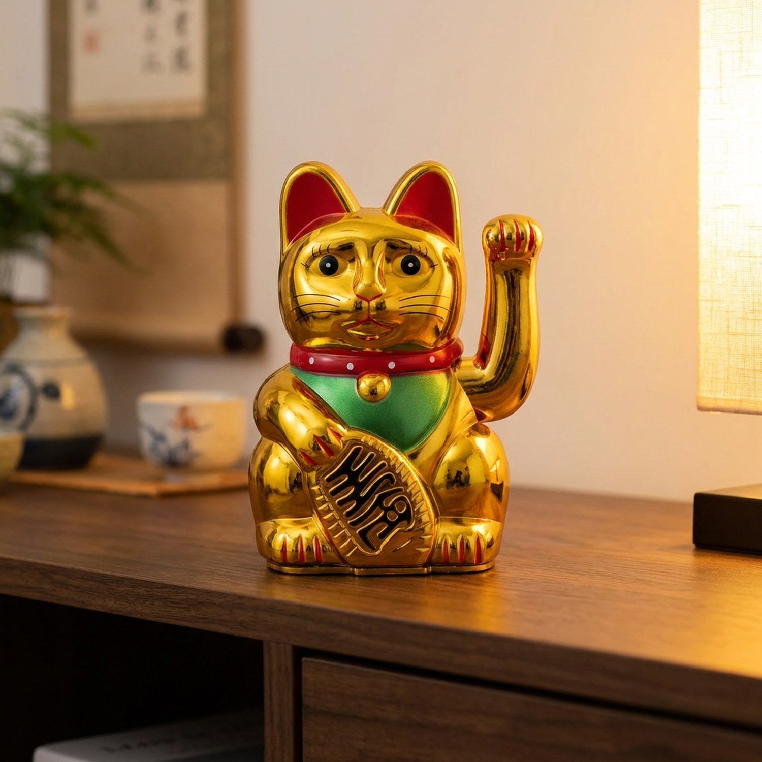 Figurine chat porte-bonheur doré à bras animé posée sur une console en bois dans un intérieur chaleureux