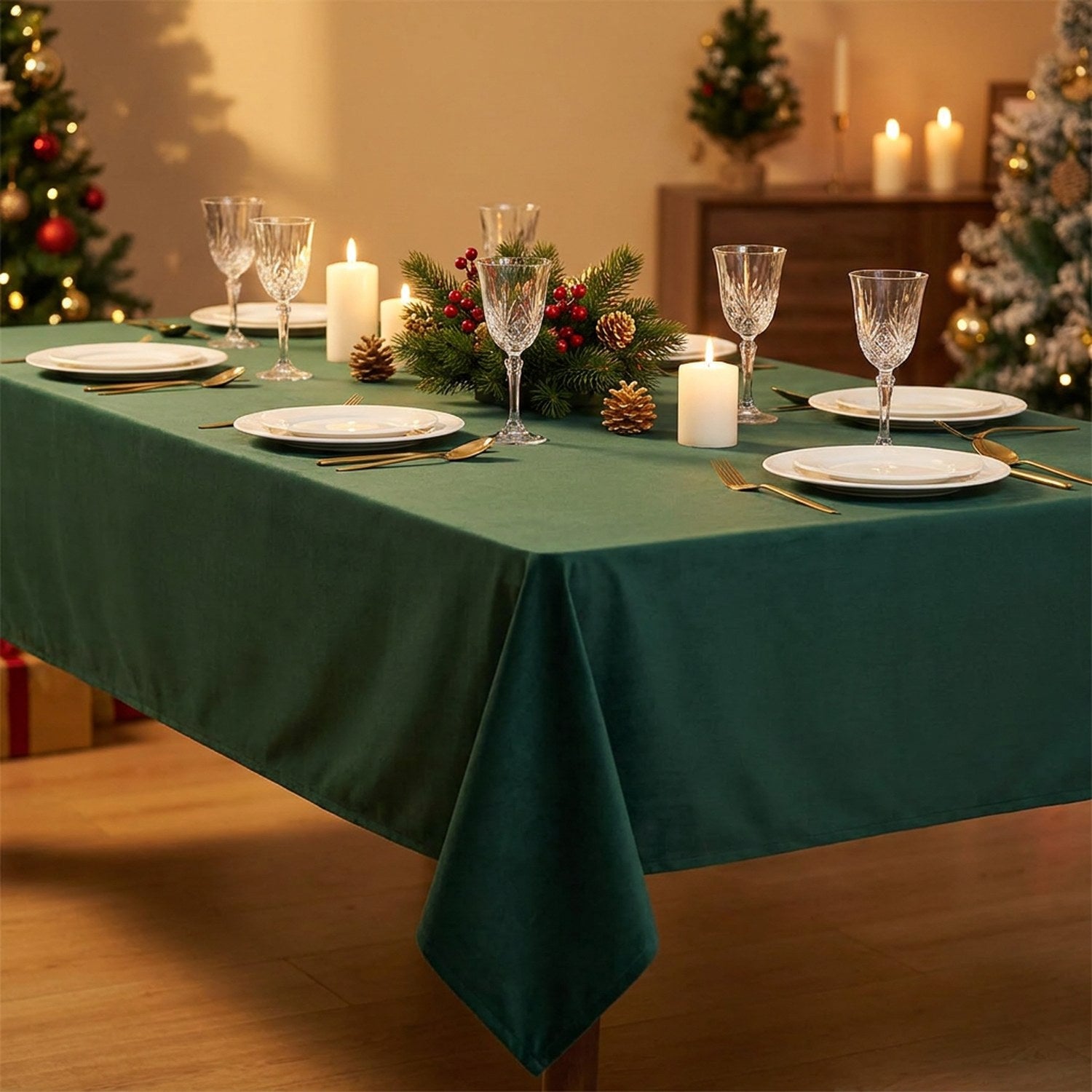 Nappe rectangulaire vert chasseur effet cachemire dressée sur une table de Noël décorée avec bougies et coupes