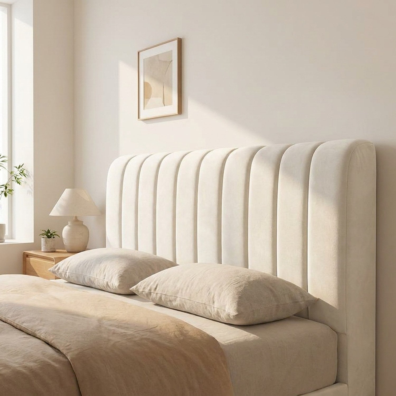 Housse de tête de lit cannelée en velours blanc sur un lit dans une chambre moderne