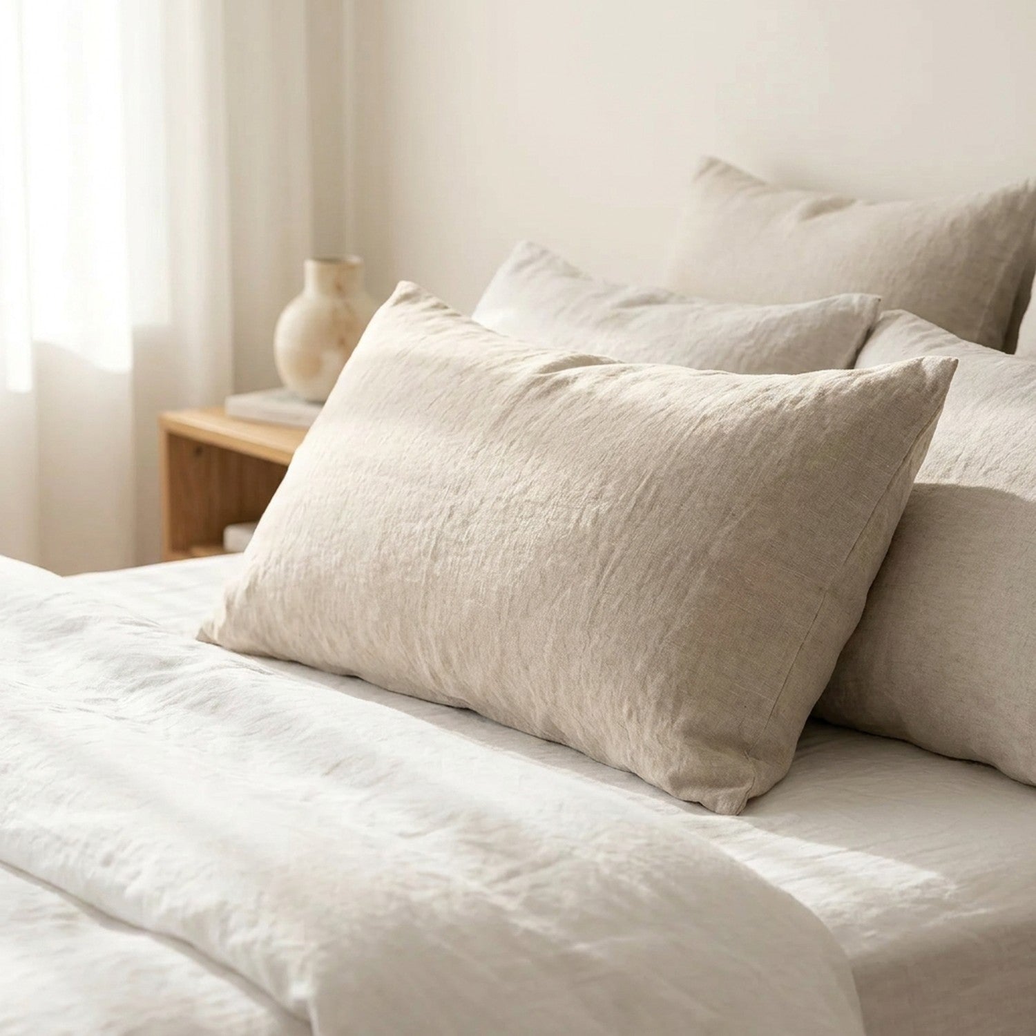 Taie d'oreiller en lin lavé beige posée sur un lit dans une chambre lumineuse et apaisante