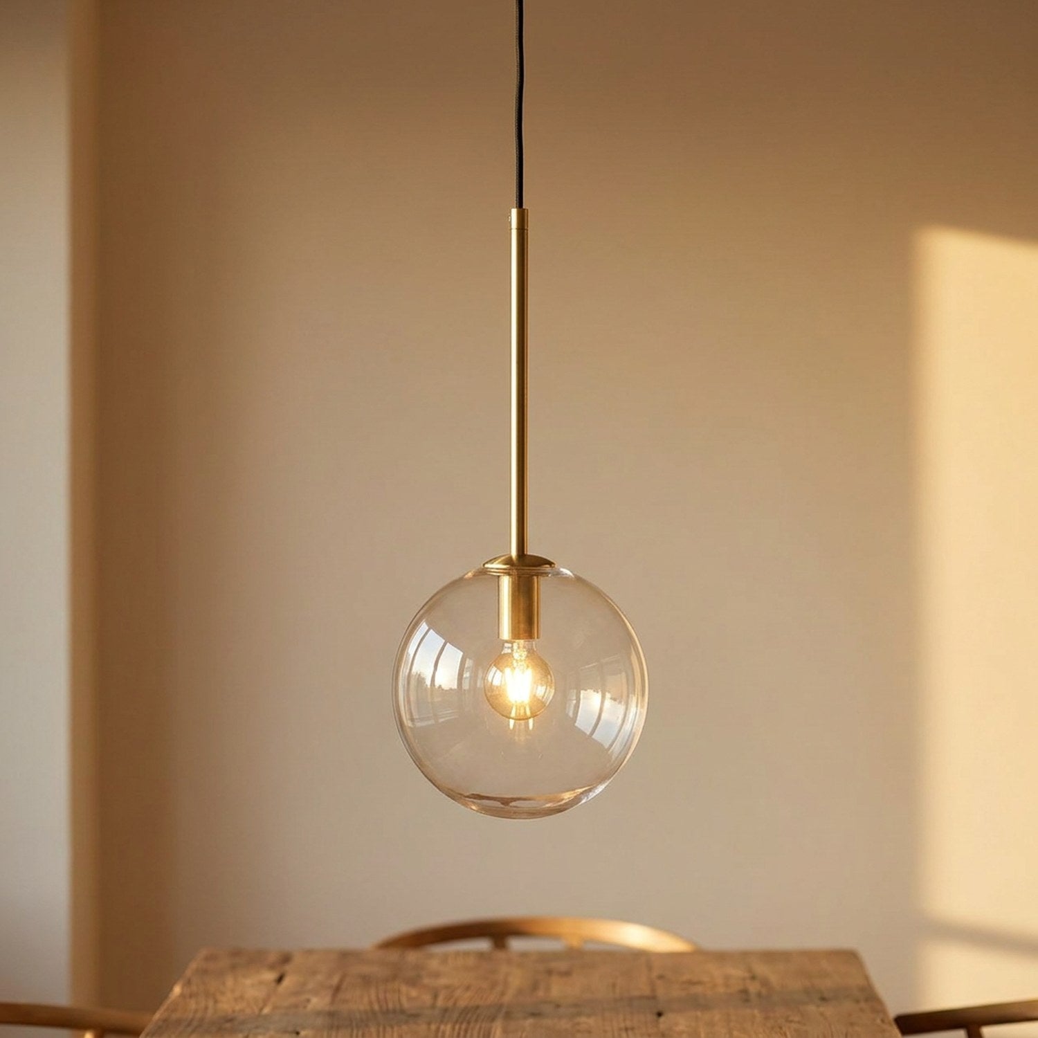 Suspension boule en verre transparent avec tige dorée allumée au-dessus d'une table en bois