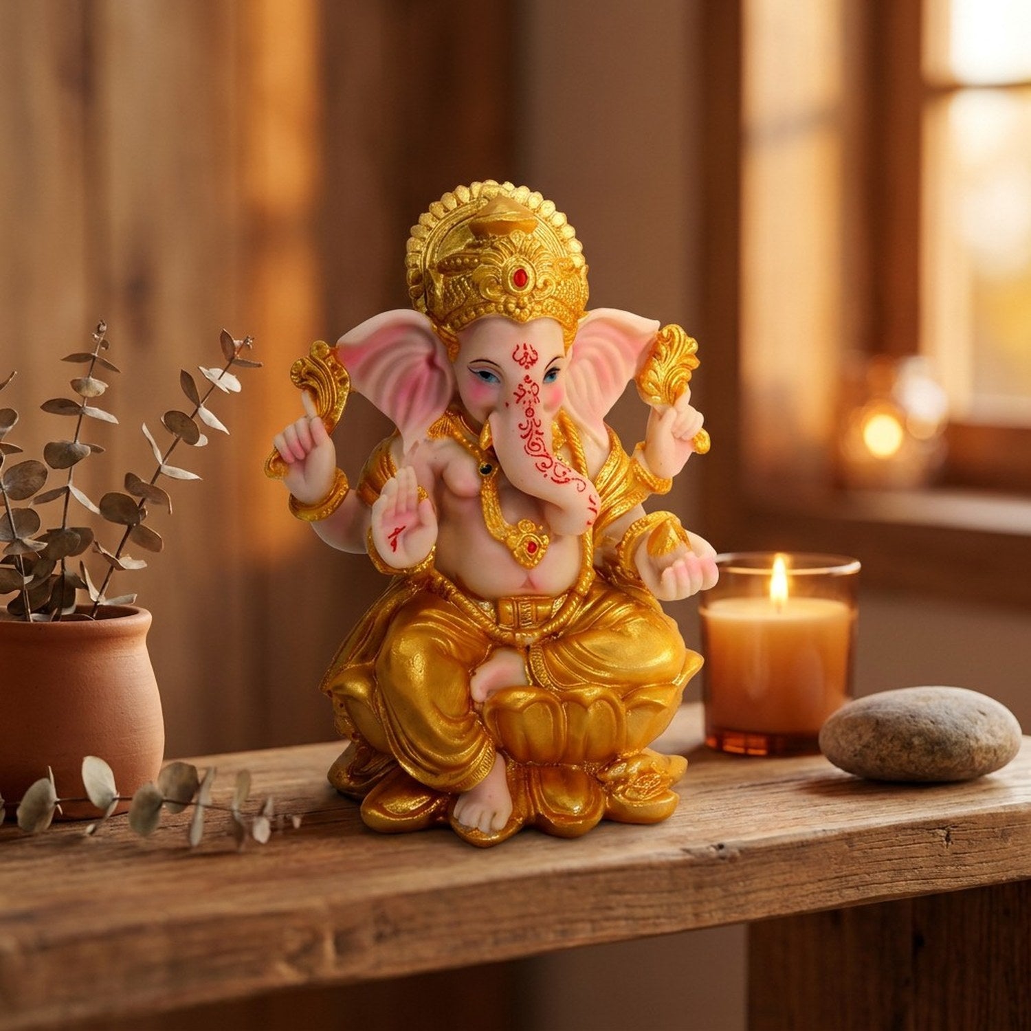 Statue de Ganesha en résine dorée sur étagère bois avec bougie et eucalyptus dans un intérieur chaleureux