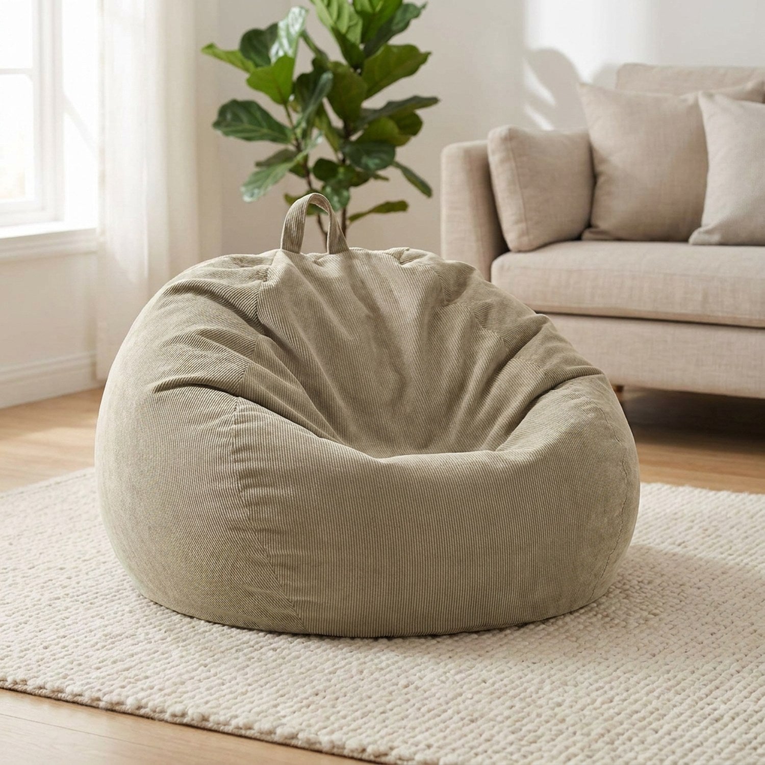 Housse de pouf poire en velours côtelé beige posée au sol dans un salon lumineux