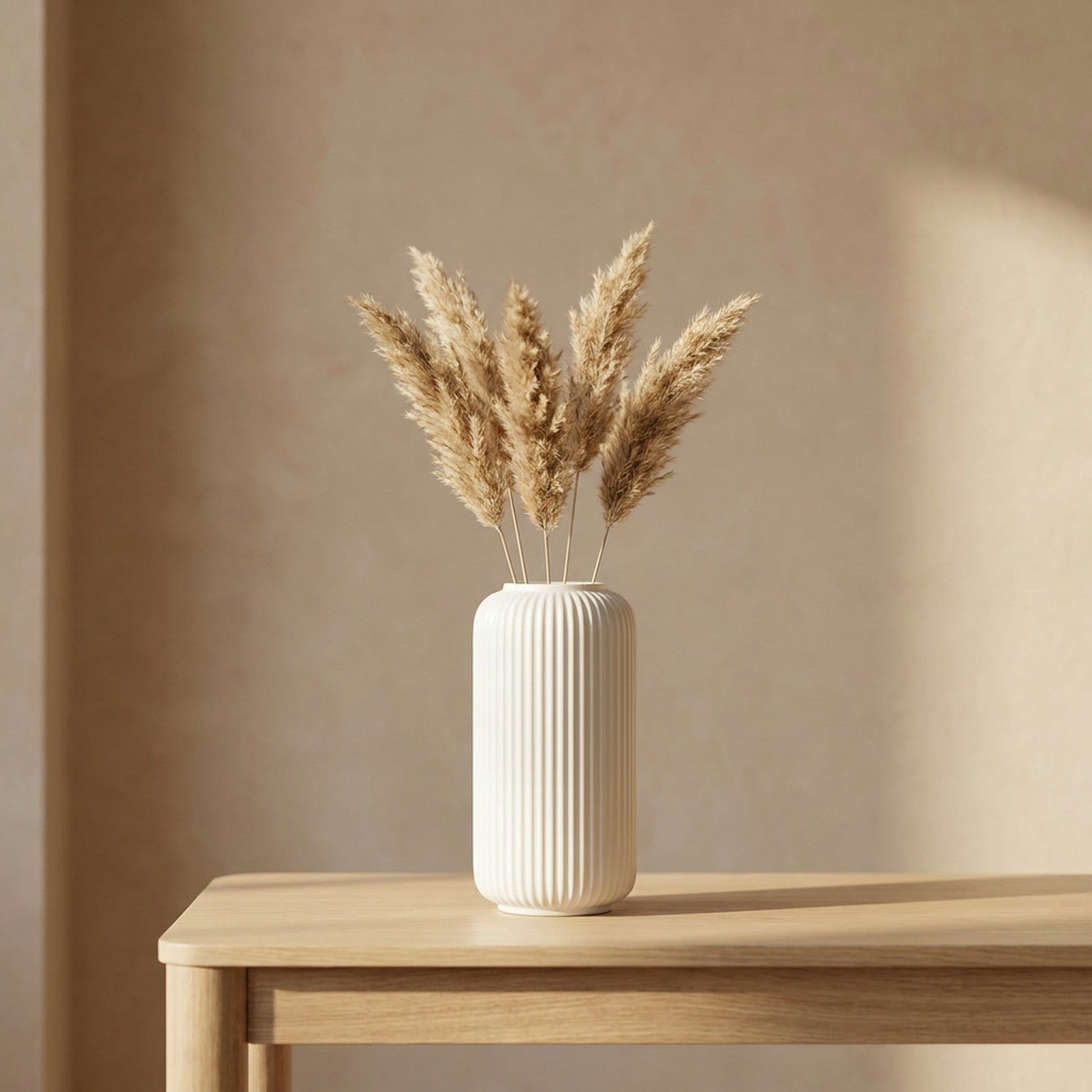 Vase blanc à rainures aspect céramique de 20cm garni de pampa sur une console en bois