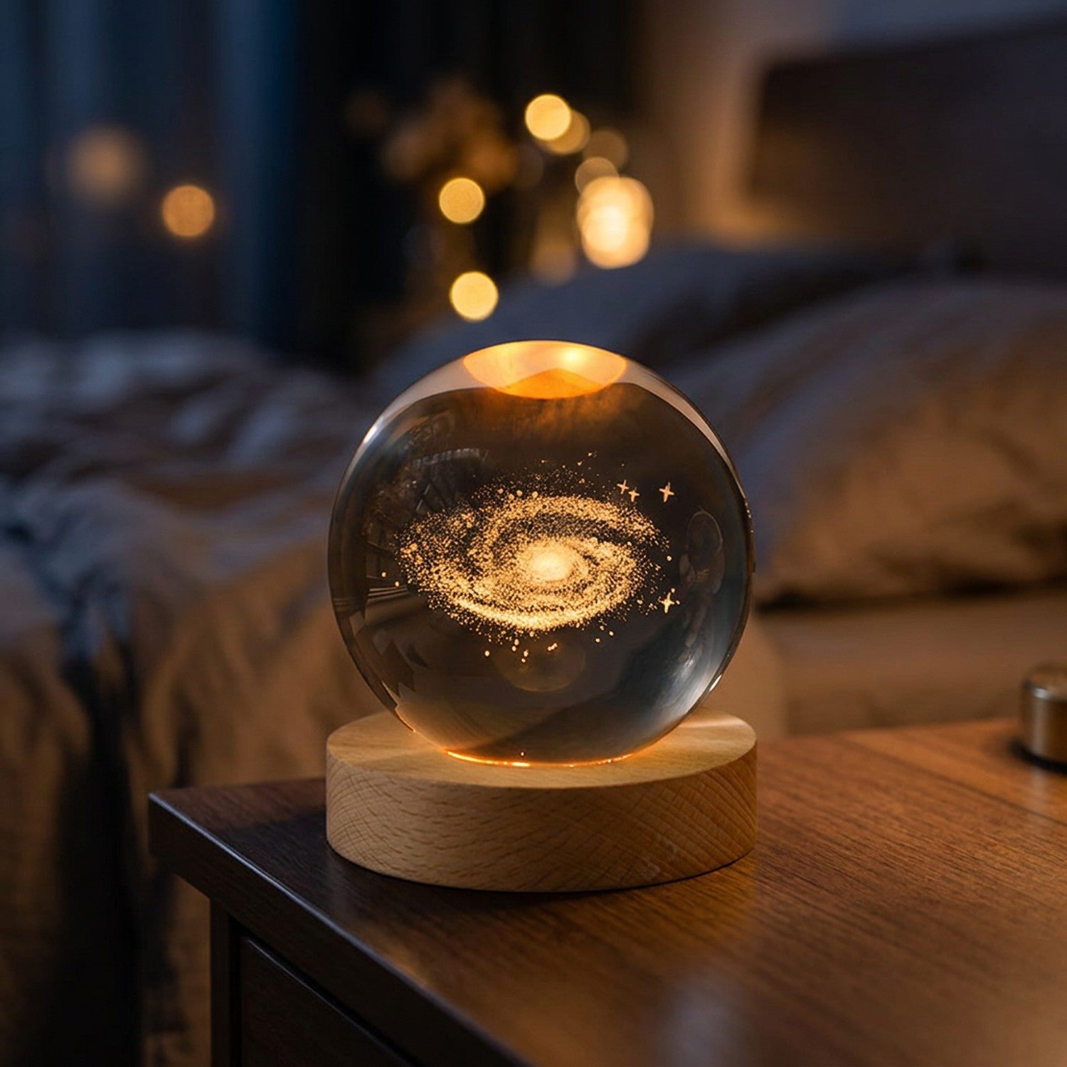 Lampe galaxie en boule de cristal gravée en 3D posée allumée sur une table de chevet
