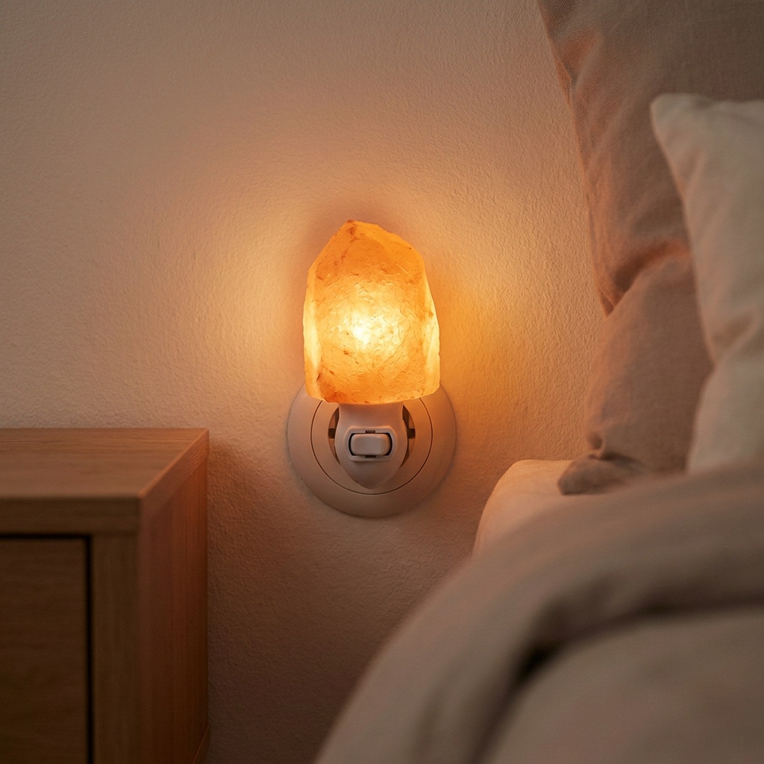 Lampe de sel de l'Himalaya en cristal naturel allumée et branchée sur une prise murale diffusant une lumière chaude