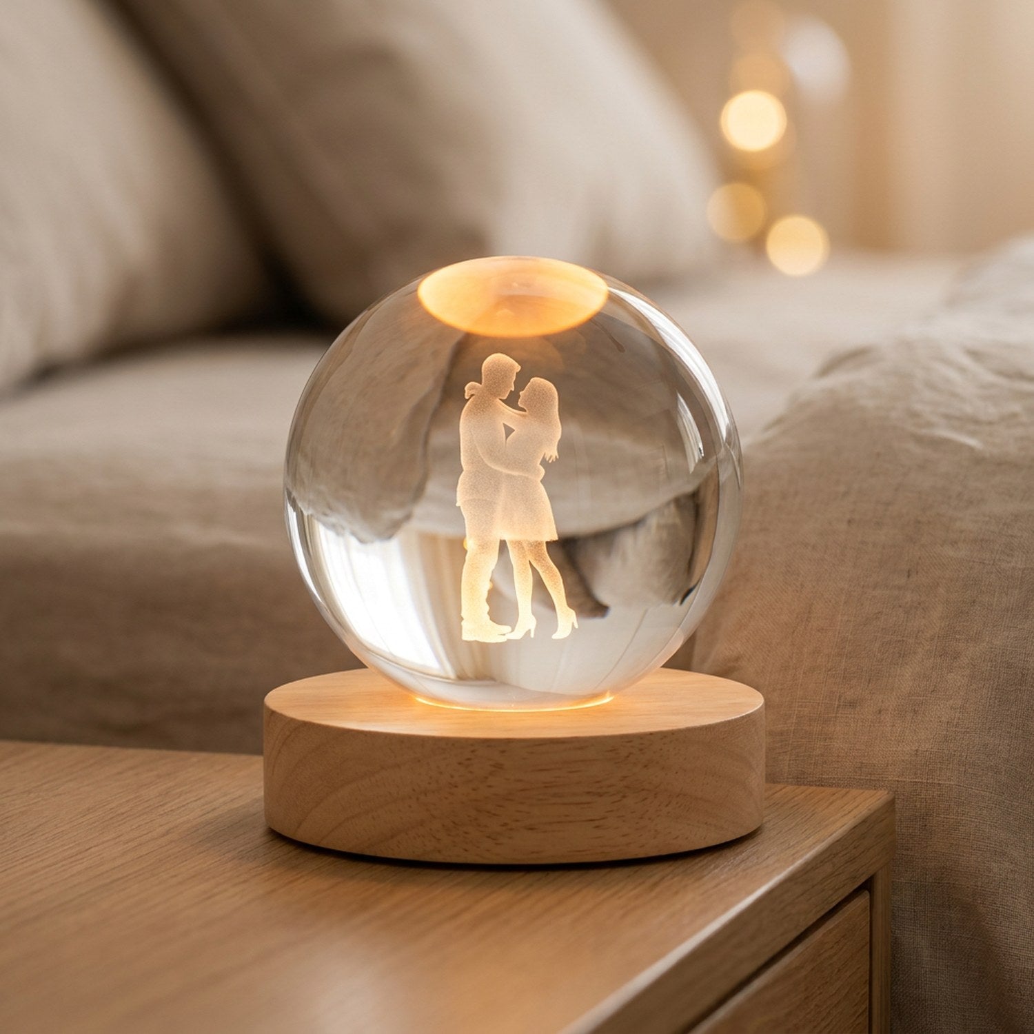 Boule de cristal photo personnalisée gravée en 3D allumée sur un socle en bois dans une ambiance chaleureuse