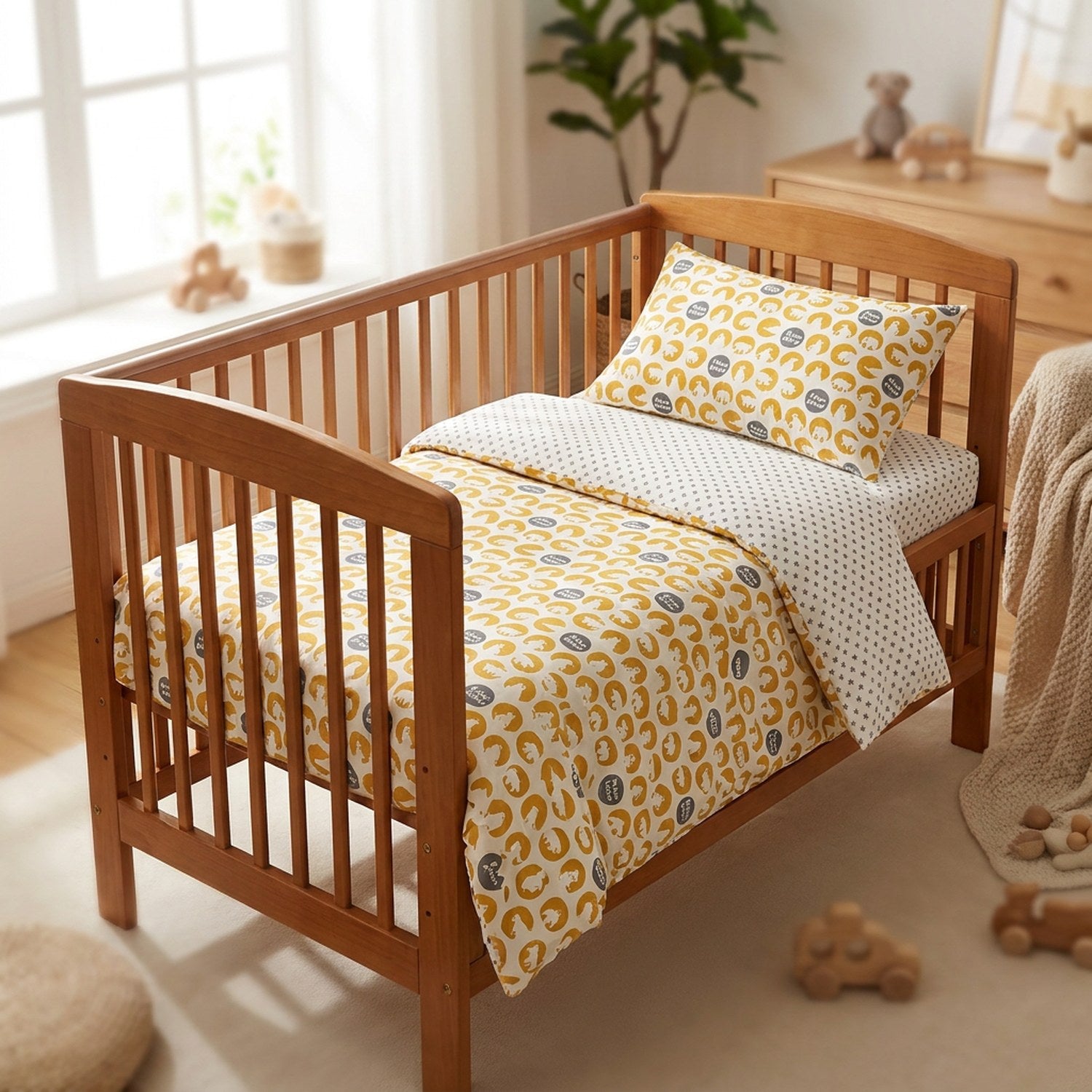 Parure de lit bébé motif Ours Polaire dans un berceau en bois d'une chambre lumineuse