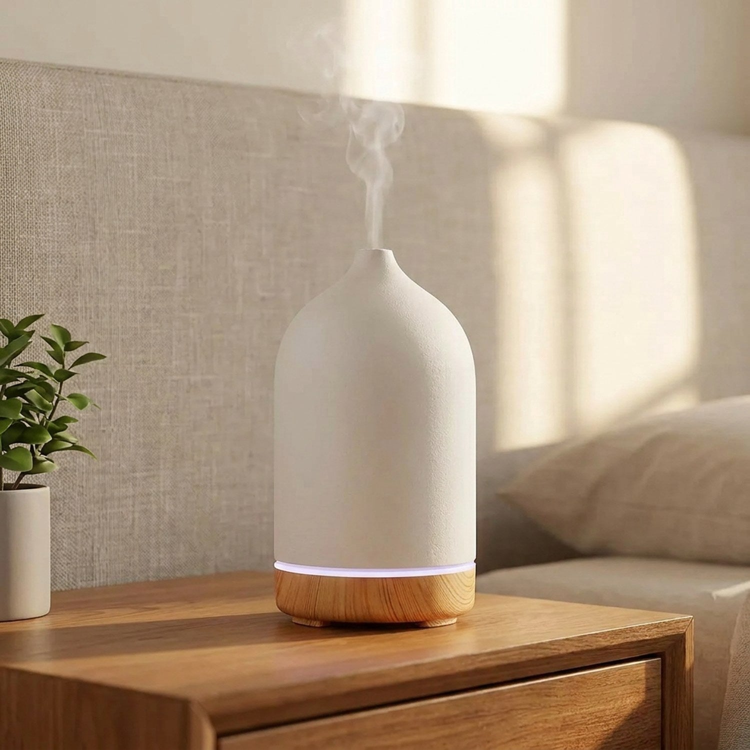 Diffuseur d'huiles essentielles en céramique blanche à base bois diffusant une brume sur une table de chevet