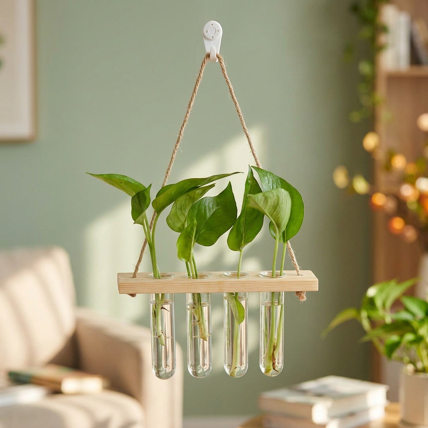 Vase mural en verre avec support en bois et boutures de pothos sur un mur