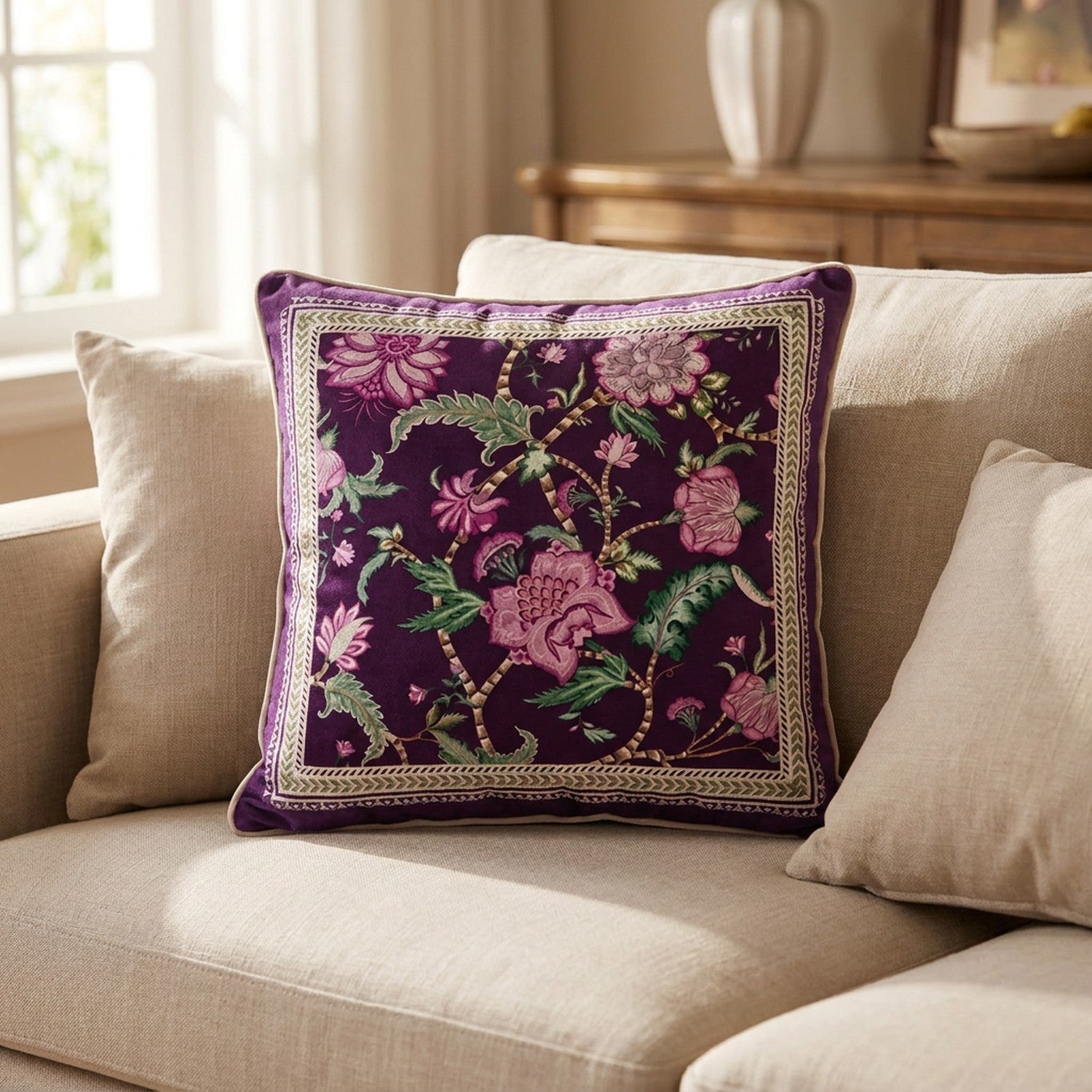 Housse de coussin carrée en velours violet au motif floral rose bohème posée sur un canapé en lin beige