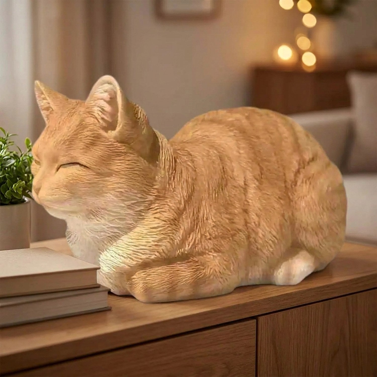 Statue de chat endormi orange en résine sur une console en bois dans un salon chaleureux