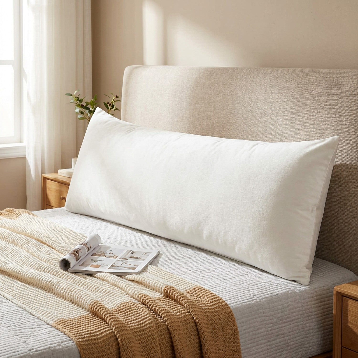 Housse de coussin lombaire en velours blanc posée sur un lit dans une chambre lumineuse