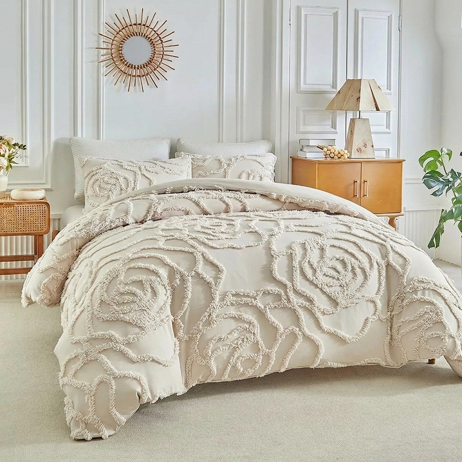Parure de lit beige à motif floral 3D installée sur un lit dans une chambre élégante avec miroir soleil