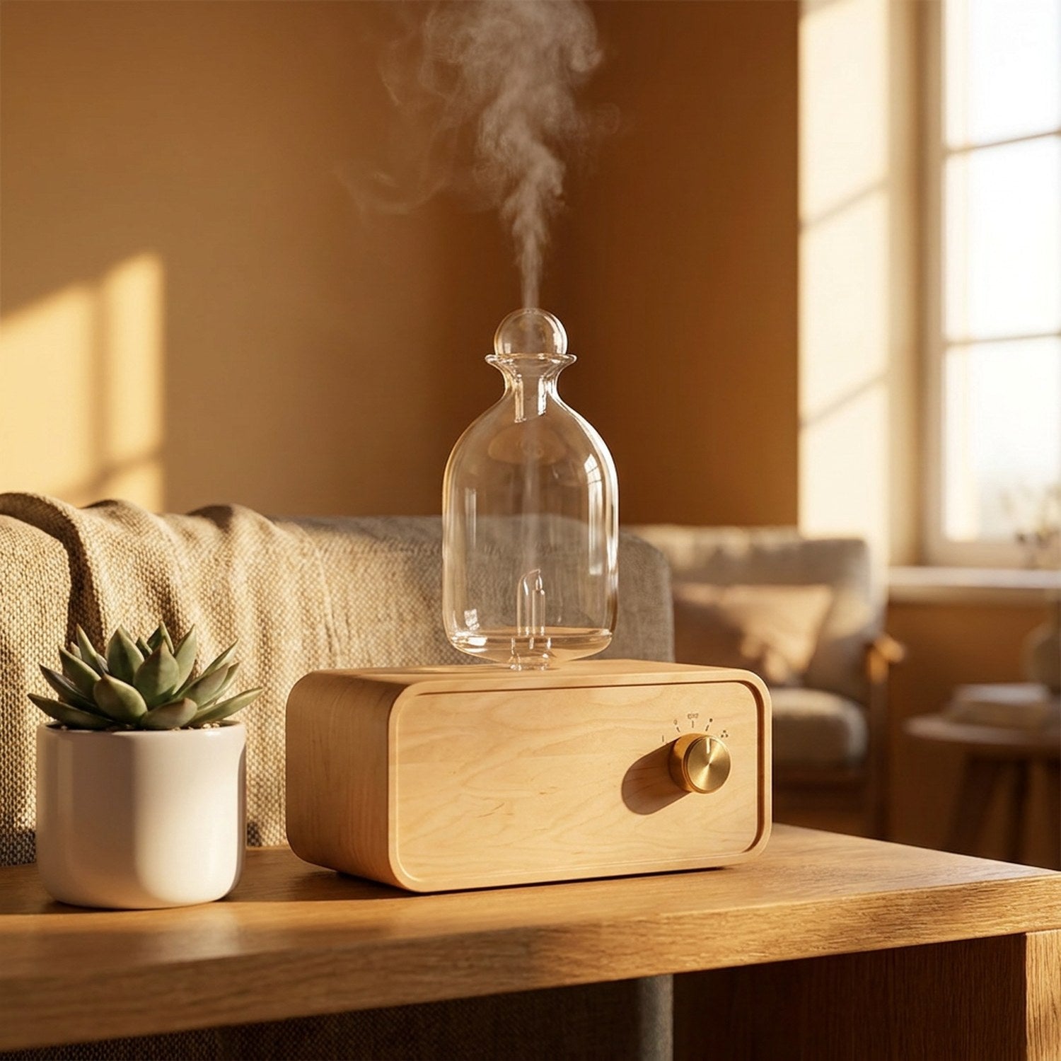Diffuseur nébulisant bois et verre sur étagère