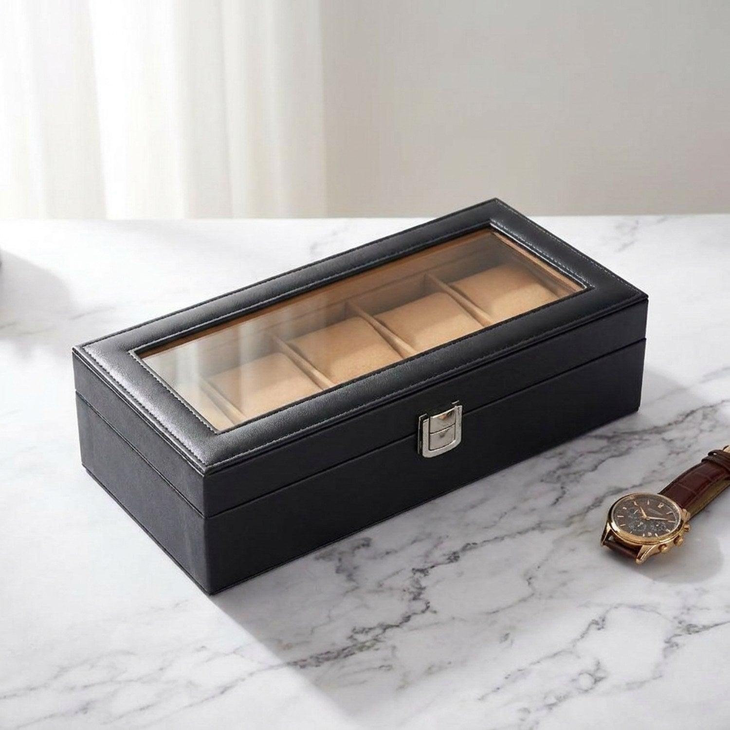 Coffret à montres 6 emplacements cuir noir avec couvercle en verre