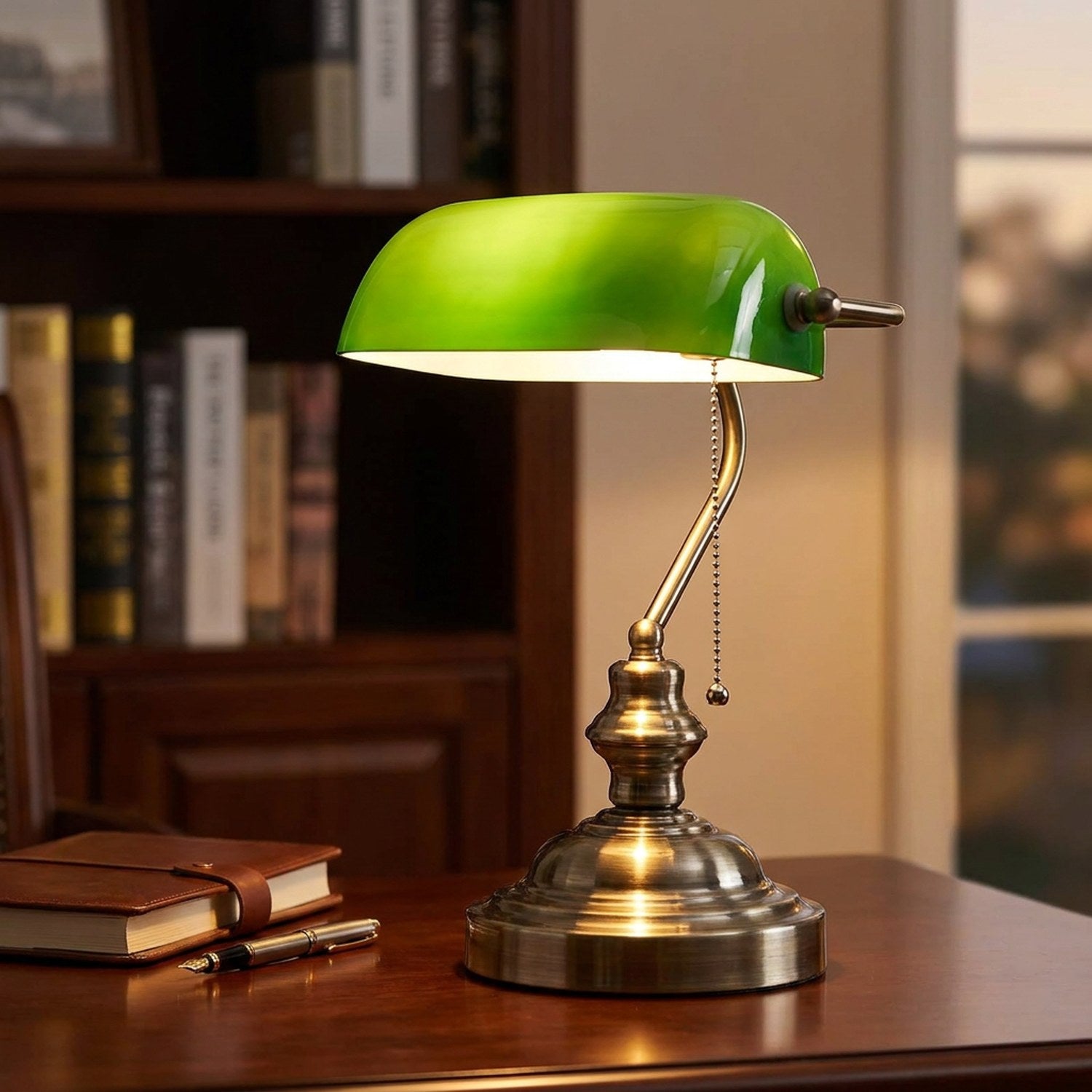 Lampe de bureau vintage en verre vert et métal bronze posée sur un bureau en bois