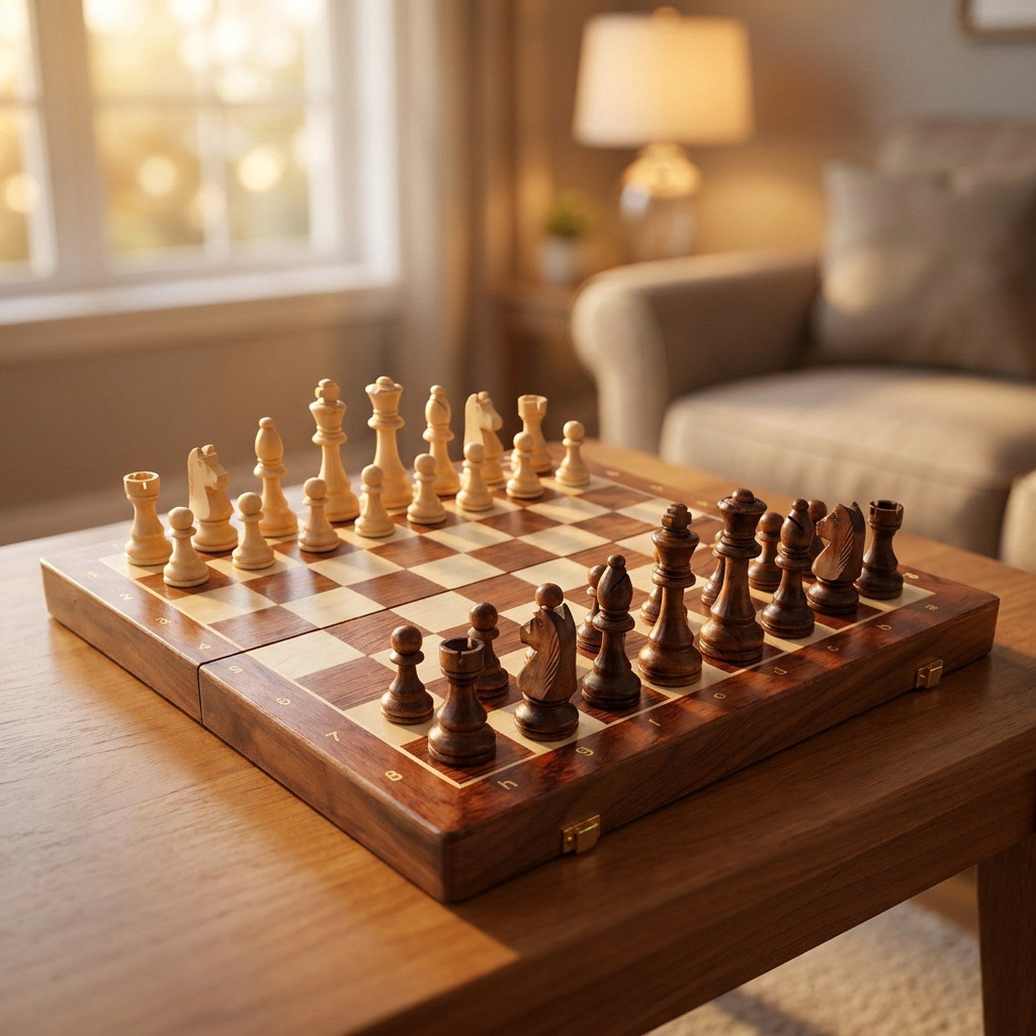 Jeu d échecs en bois pliable avec échiquier et pièces disposées sur une table chaleureuse