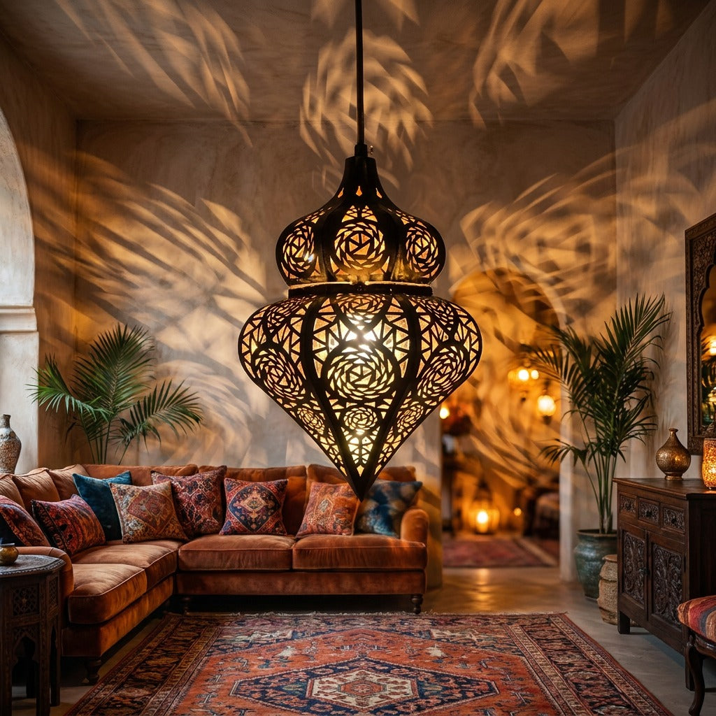 Lampe suspension marocaine métal ajouré allumée dans un salon chaleureux