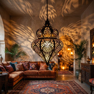 Lampe suspension marocaine métal ajouré allumée dans un salon chaleureux