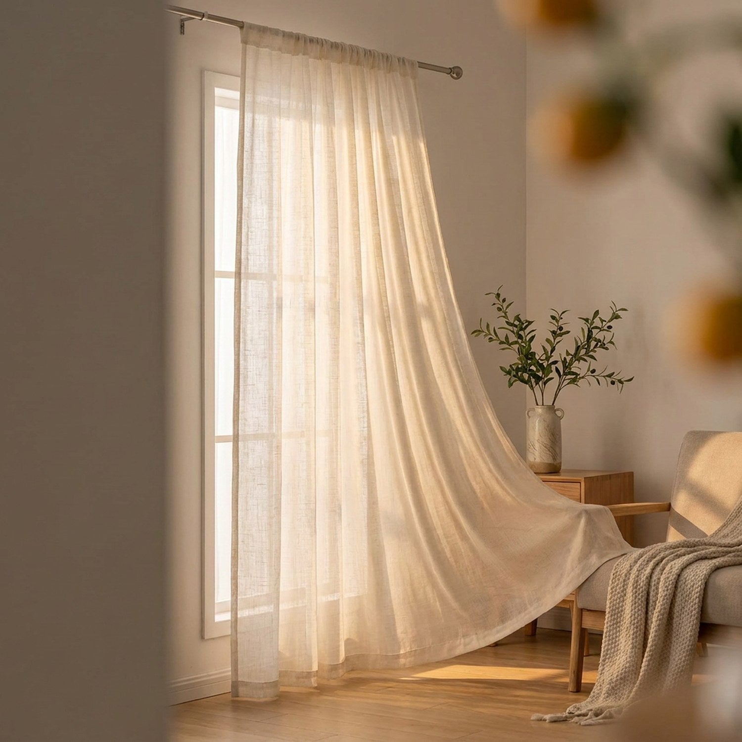 Voilage aspect lin écru suspendu devant une fenêtre lumineuse dans un salon moderne et chaleureux