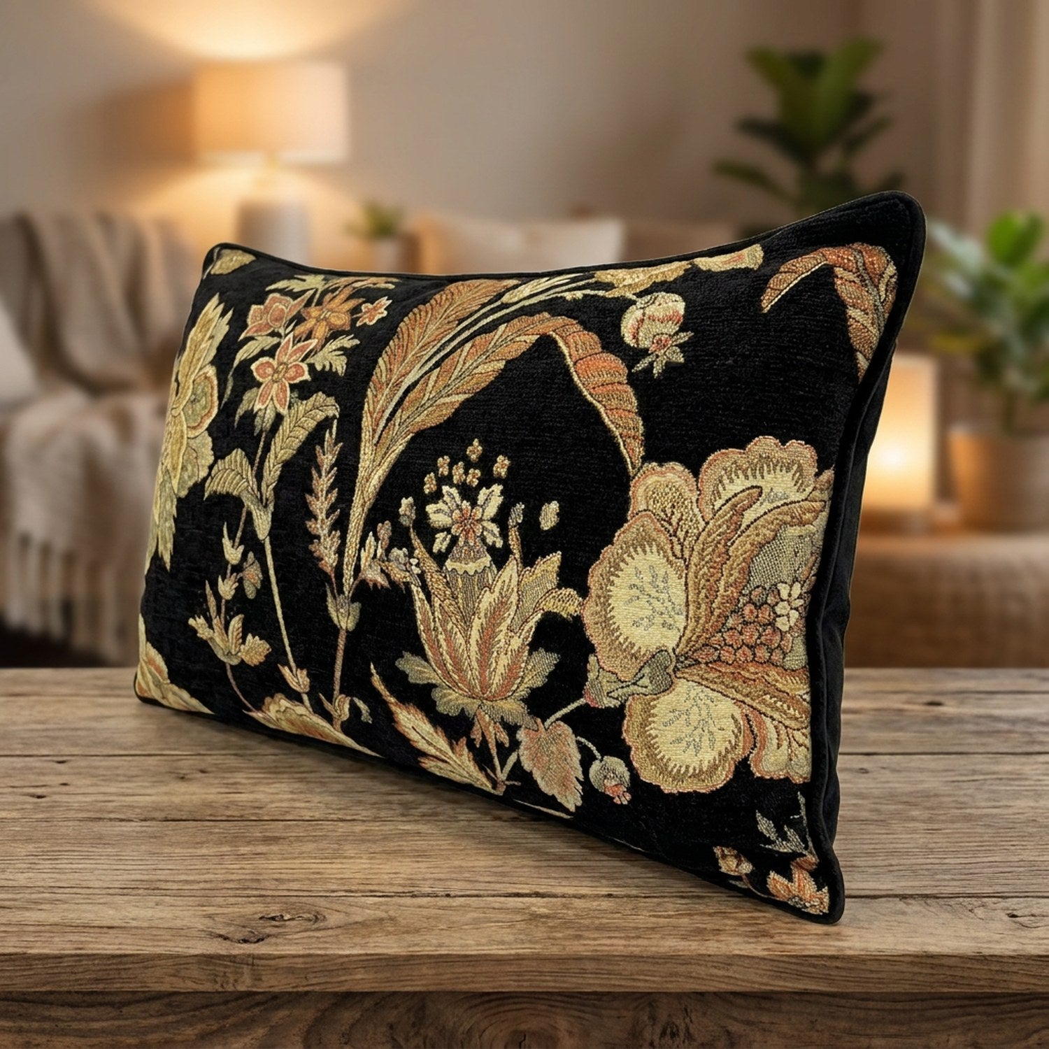 Housse de coussin lombaire en velours noir a motif floral en gros plan