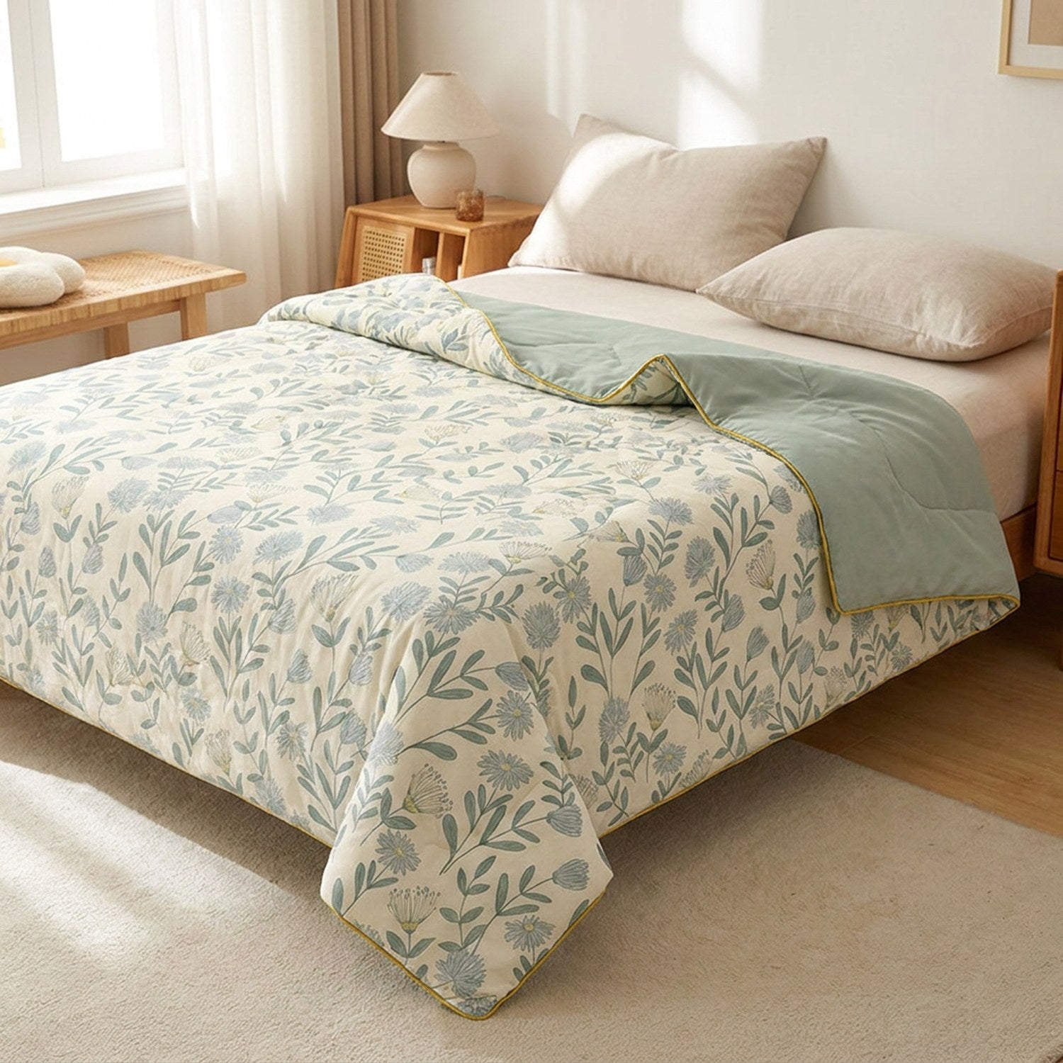 Couette d'été fleurie verte en gaze de coton lavé sur un lit dans une chambre lumineuse