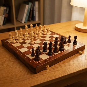 Jeu d'échecs artisanal en bois massif ouvert sur une table en bois dans un salon chaleureux