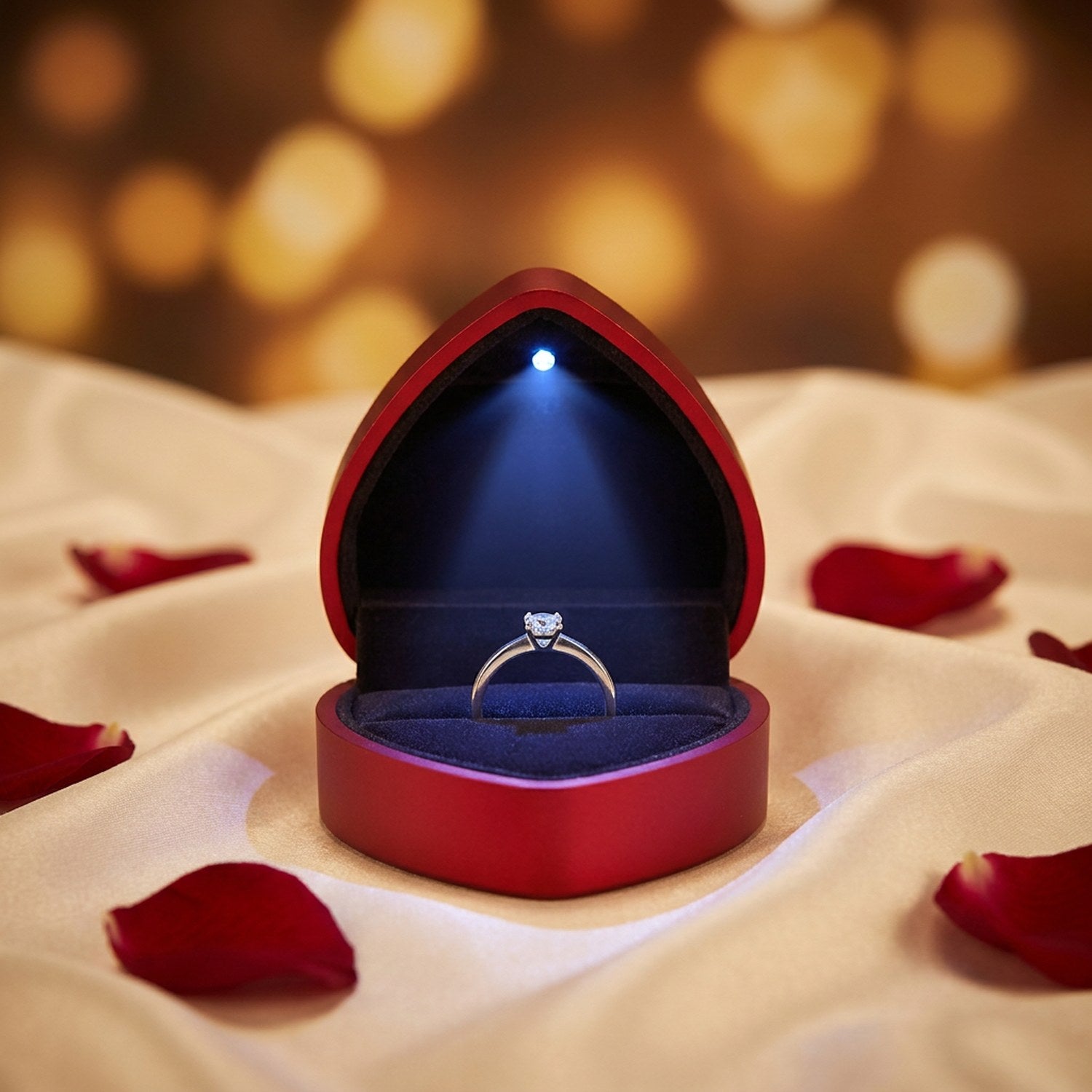 Boîte à bijoux rouge en forme de cœur avec lumière LED allumée révélant un intérieur en velours