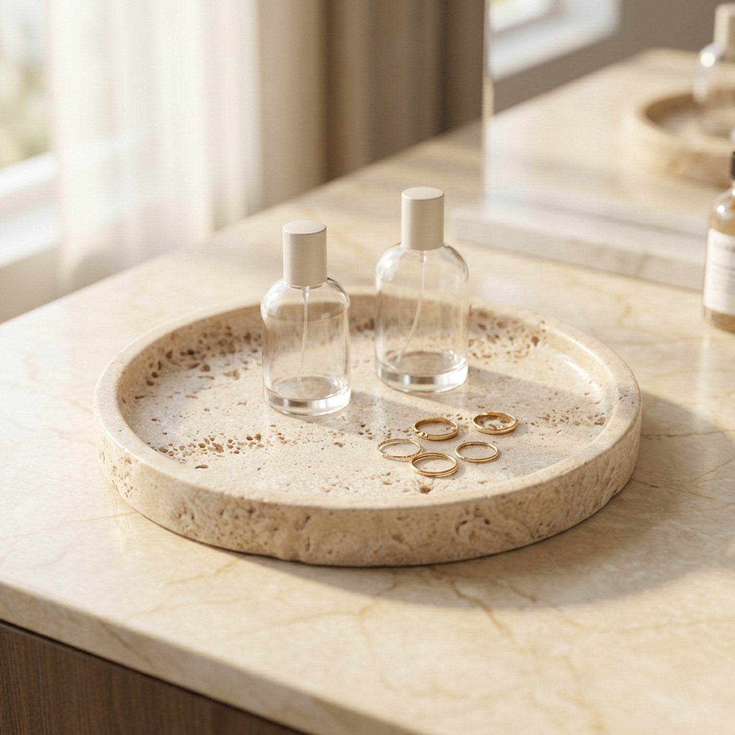 Plateau décoratif rond en pierre travertin beige avec parfums et bagues sur une coiffeuse