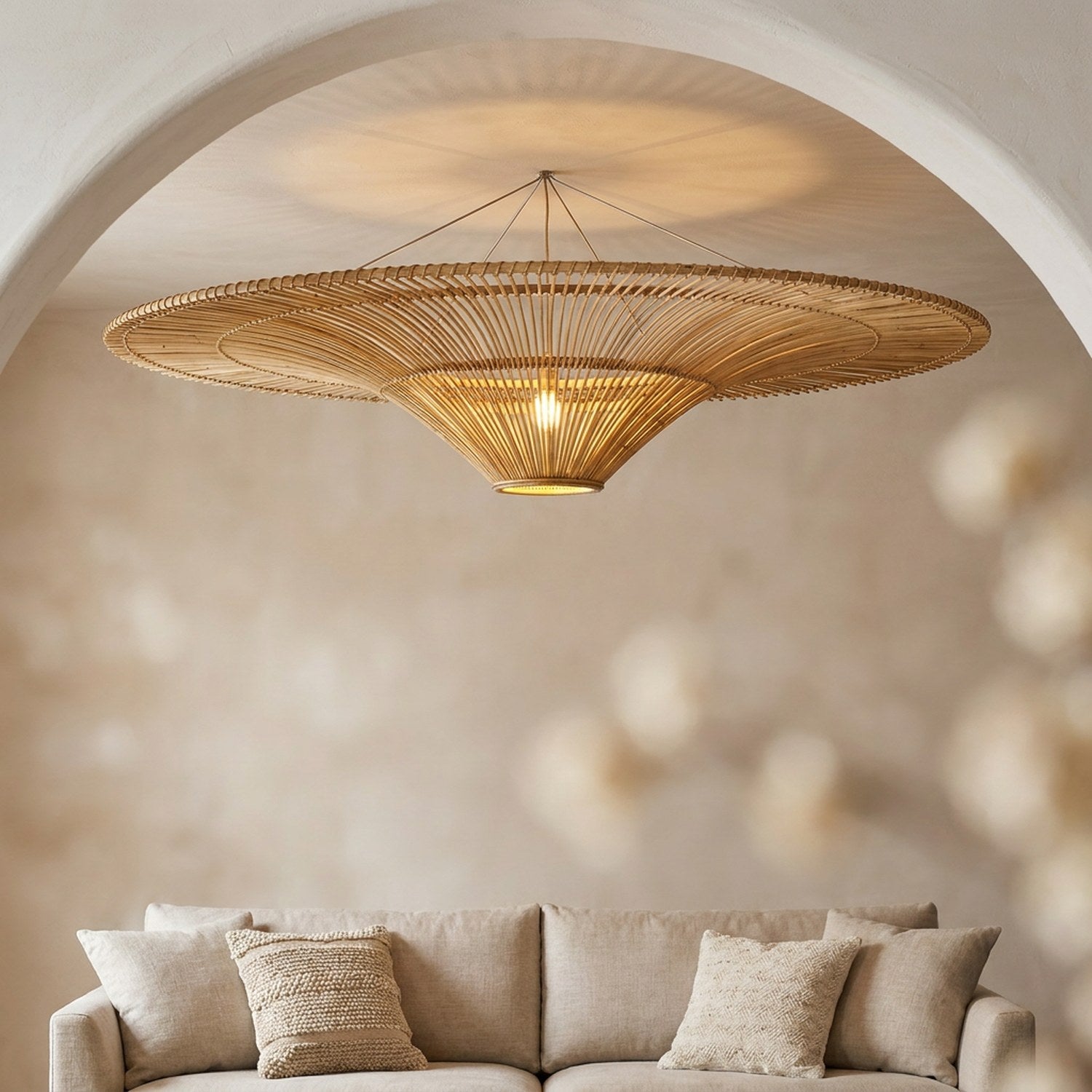 Suspension plafonnier bambou rotin disque wabi sabi fait main