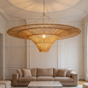 Lustre en rotin bambou fait main suspension en chaîne wabi sabi