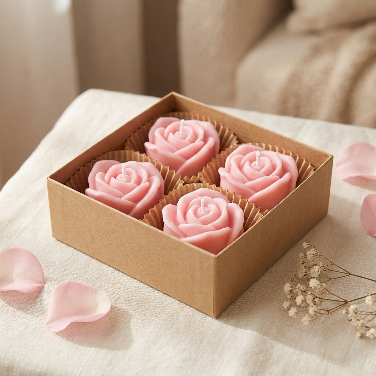 Coffret de quatre bougies parfumées roses en cire de soja sur une table en lin avec pétales