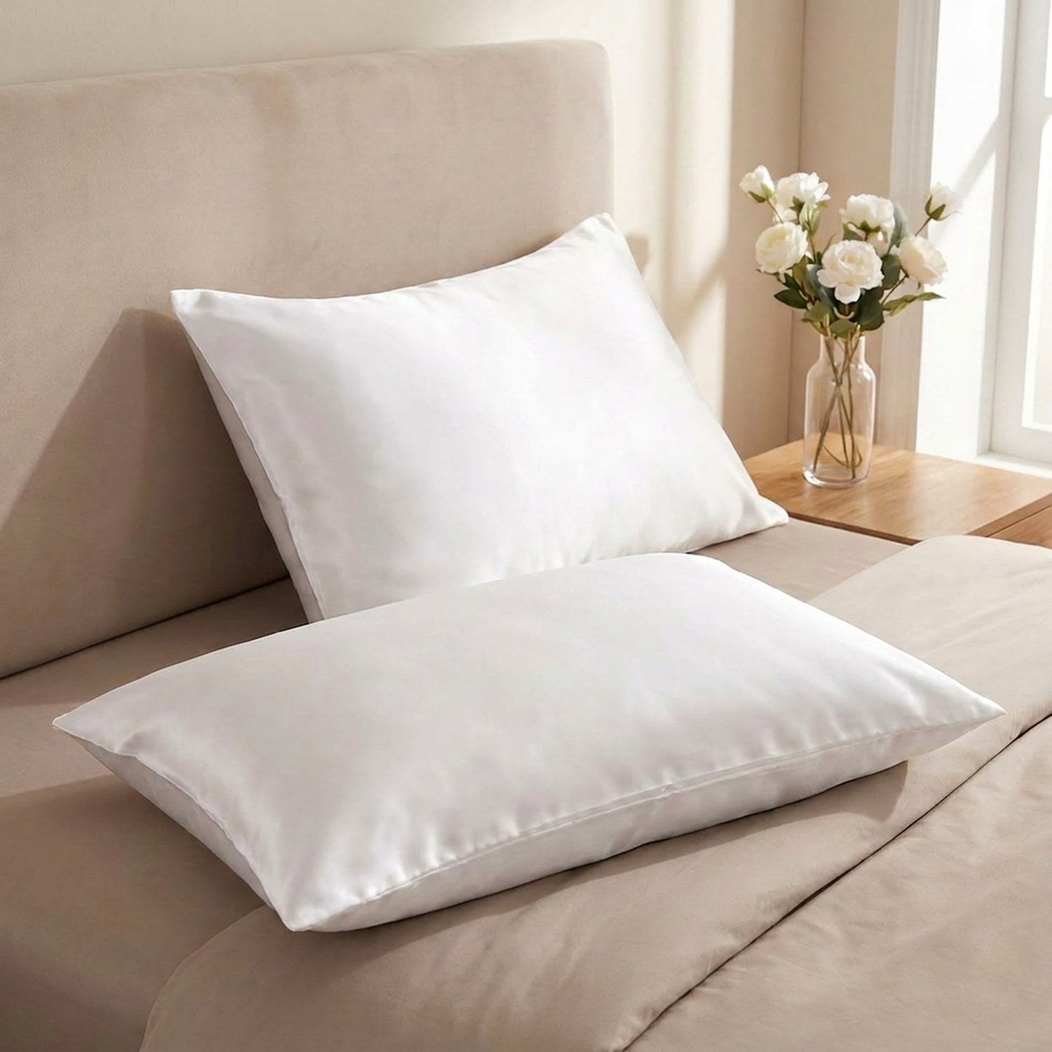 Taie d'oreiller en satin blanc posée sur un lit avec fleurs blanches dans une chambre lumineuse